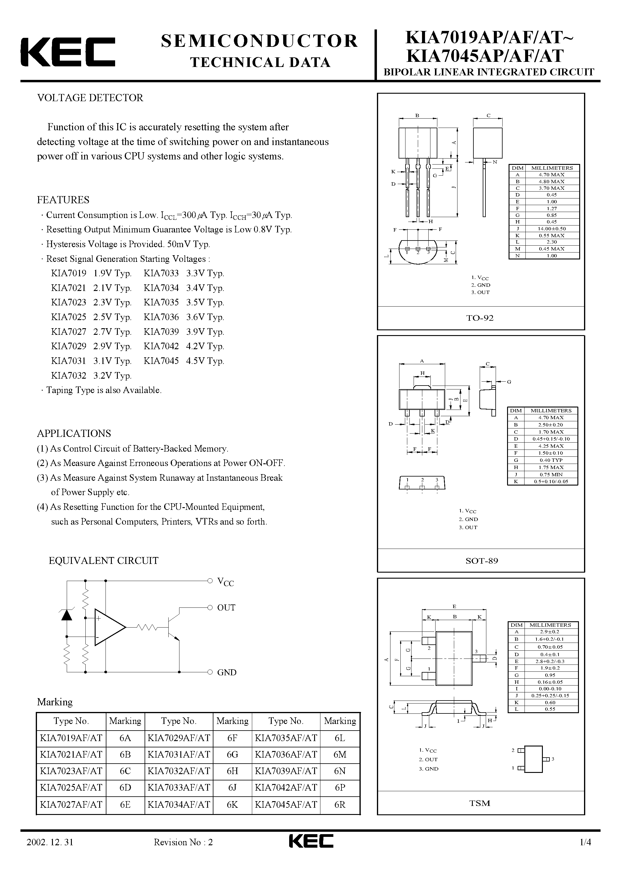 Datasheet KIA70 - BIPOLAR LINEAR INTEGRATED CIRCUIT (VOLTAGE DETECTOR) page 1