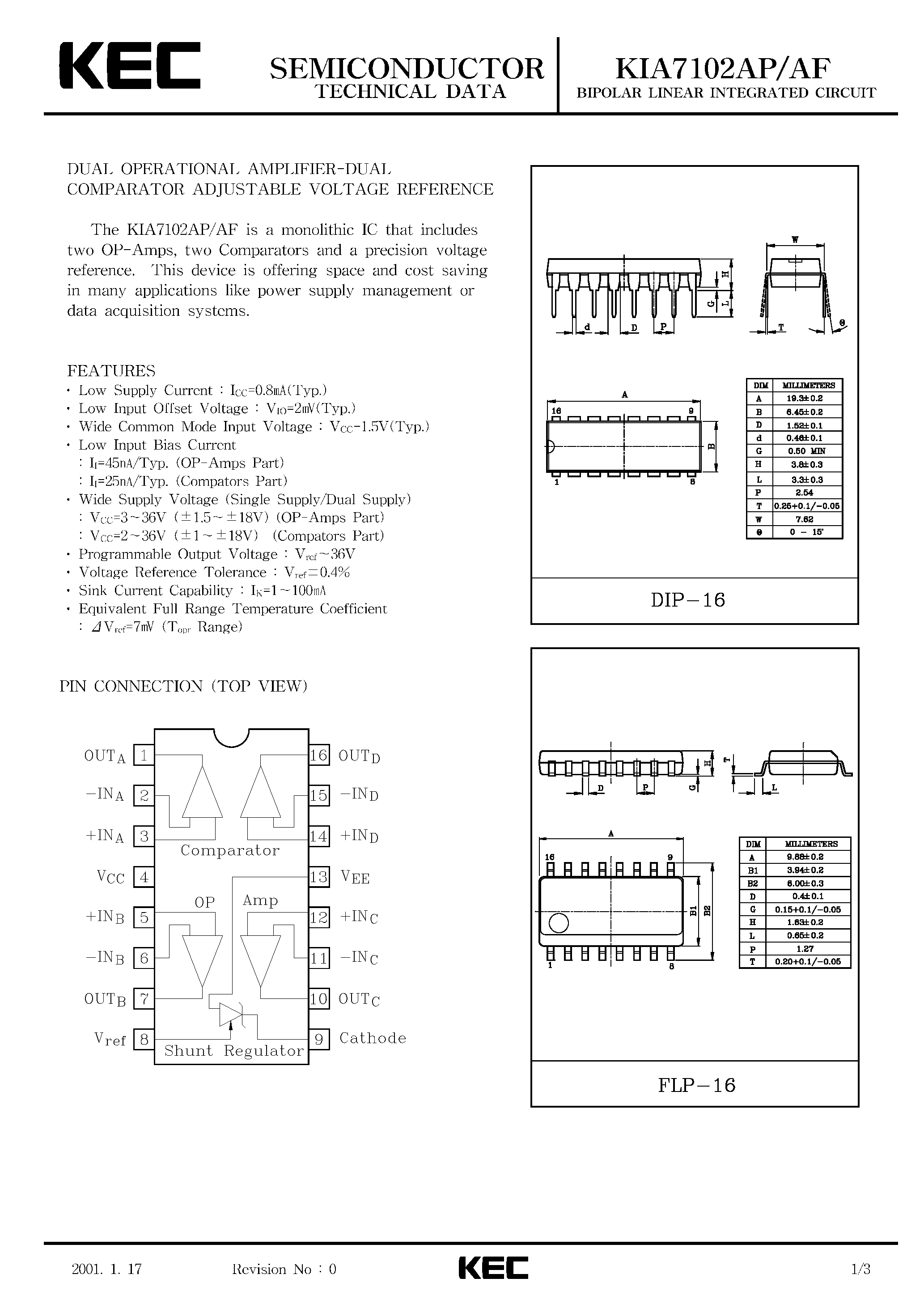 Datasheet KIA7102AF page 1 Datasheet KIA7102AF - BIPOLAR LINEAR INTEGRATED CIRCUIT (DUAL OPERATIONAL AMPLIFIER-DUAL COMPARATOR ADJUSTABLE VOLTAGE REFERENCE) page 1