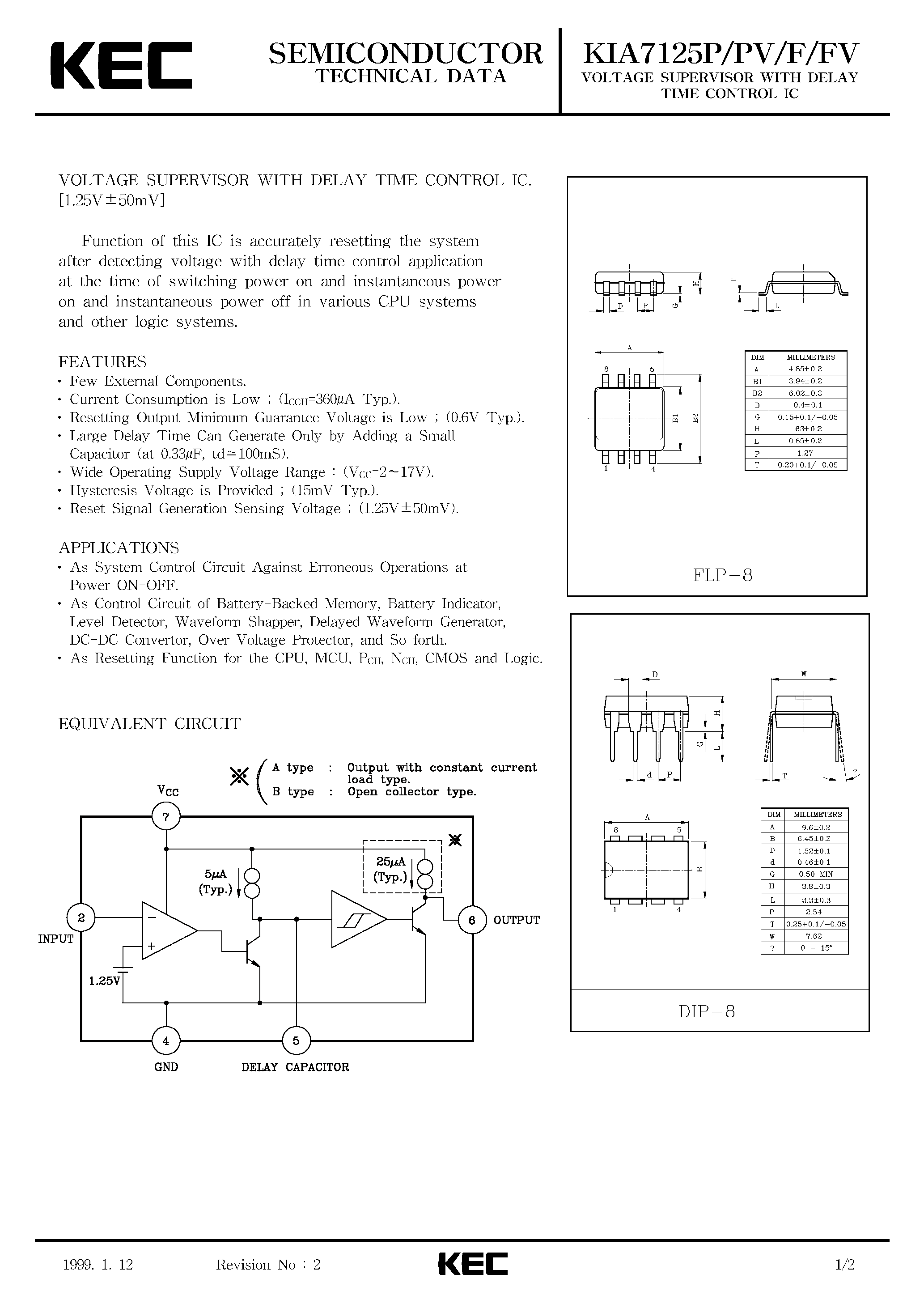 Datasheet KIA7125P page 1 Datasheet KIA7125P - VOLTAGE SUPERVISOR WITH DELAY TIME CONTROL IC page 1