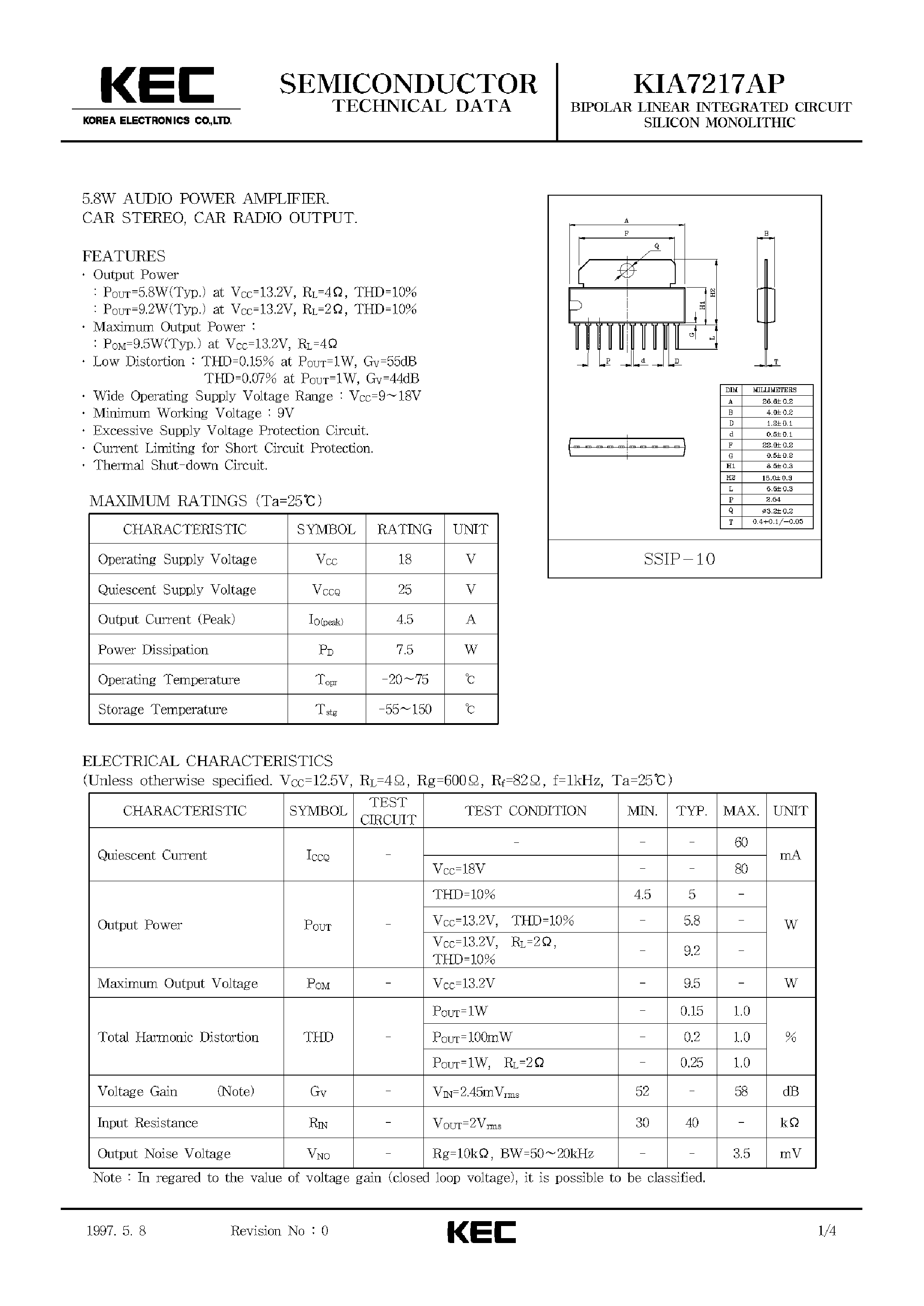 Даташит на микросхему KIA7217AP страница 1 Даташит KIA7217AP - BIPOLAR LINEAR INTEGRATED CIRCUIT SILICON MONOLITHIC (5.8W AUDIO POWER AMPLIFIER CAR STEREO/ CAR RADIO OUTPUT) страница 1