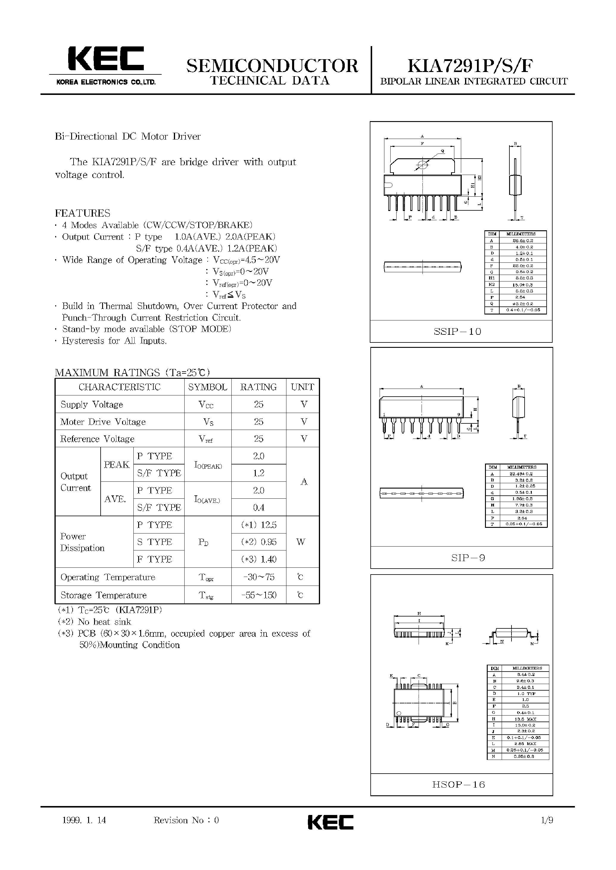 Datasheet KIA7291 page 1 Datasheet KIA7291 - BIPOLAR LINEAR INTEGRATED CIRCUIT (BI-DIRECTIONAL DC MOTOR DRIVER) page 1
