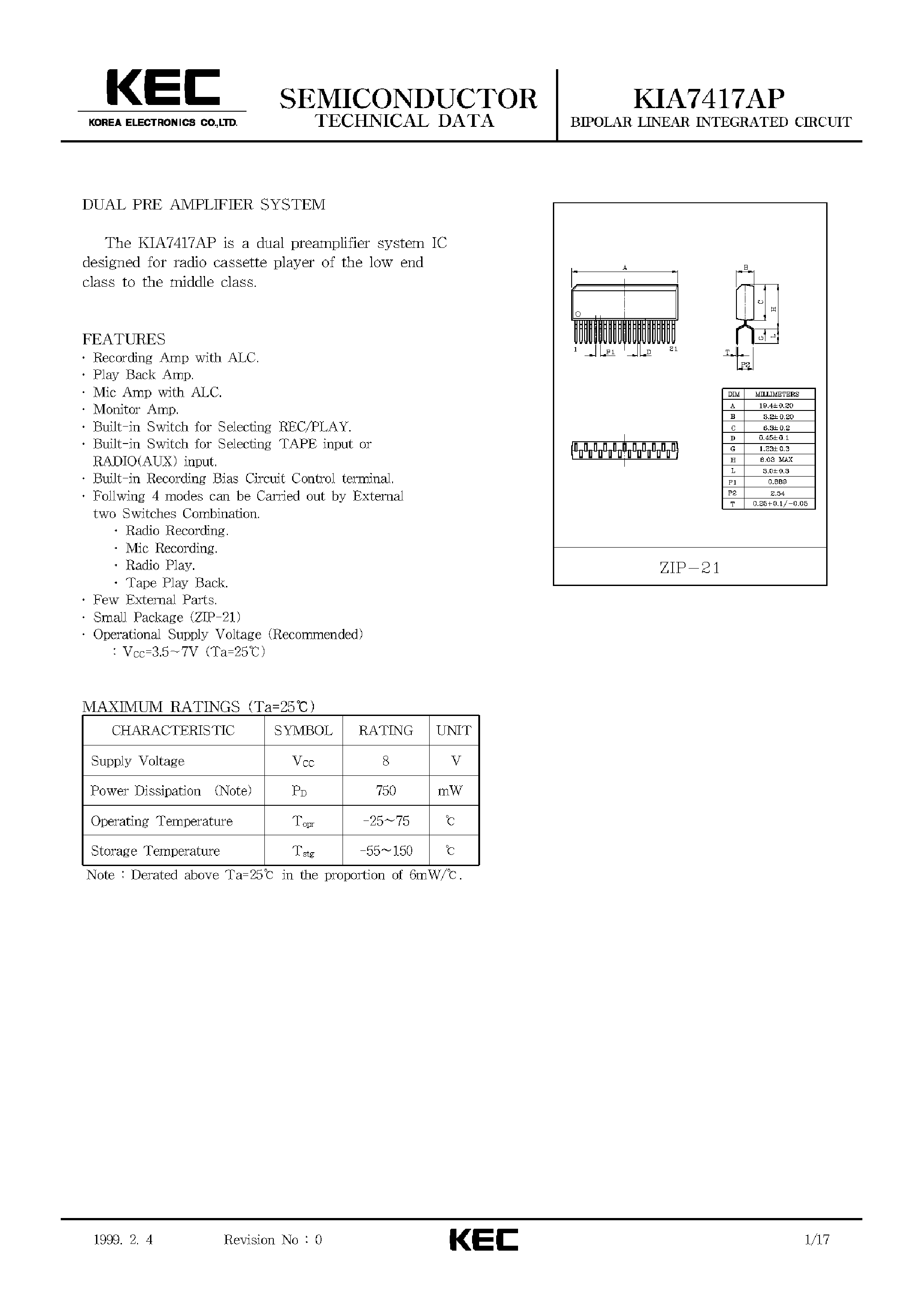 Datasheet KIA7417AP - BIPOLAR LINEAR INTEGRATED CIRCUIT (DUAL PRE AMPLIFIER SYSTEM) page 1