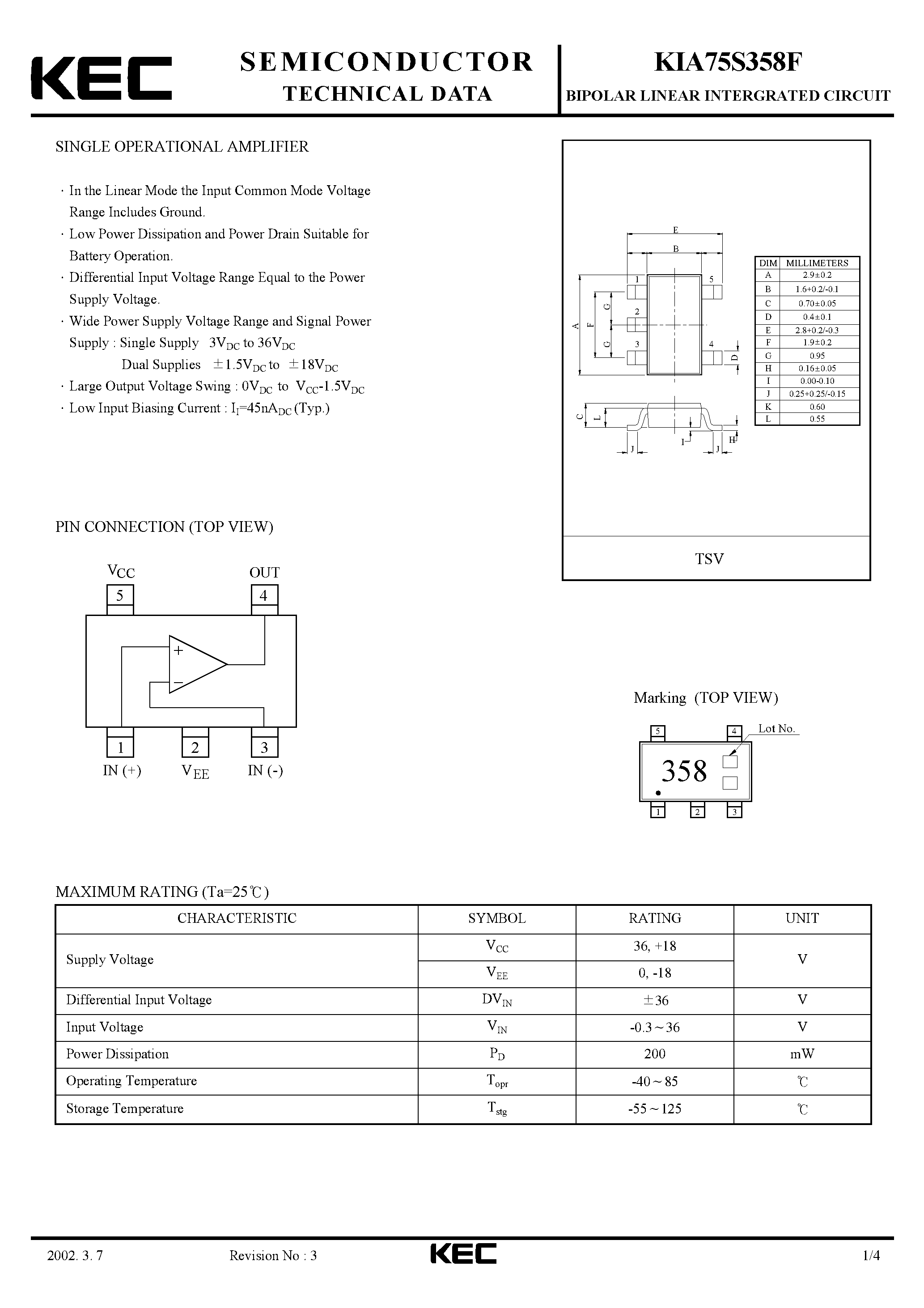 Datasheet KIA75S358 - BIPOLAR LINEAR INTEGRATED CIRCUIT (SINGLE OPERATIONAL AMPLIFIER) page 1