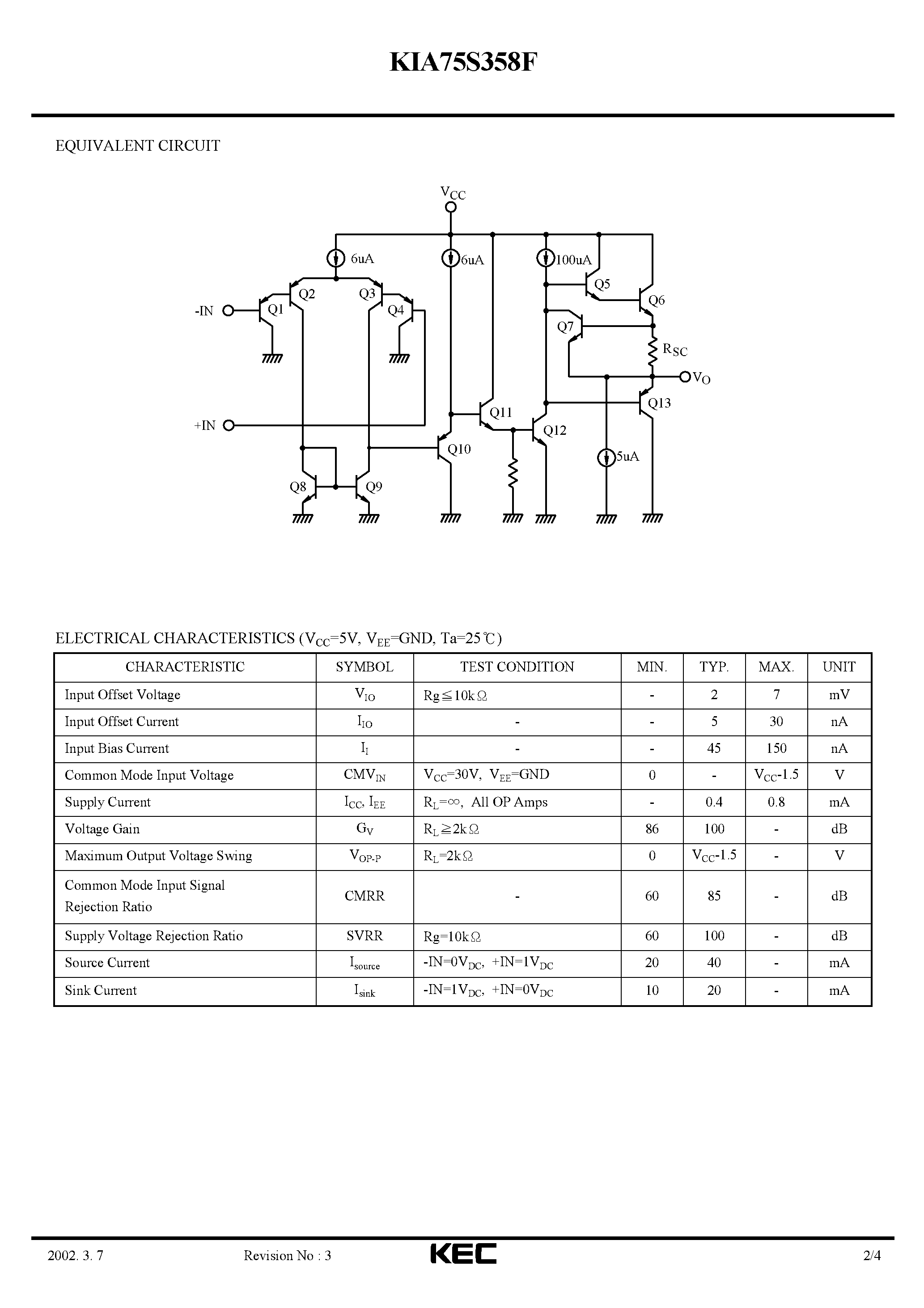 Datasheet KIA75S358F - BIPOLAR LINEAR INTEGRATED CIRCUIT (SINGLE OPERATIONAL AMPLIFIER) page 2