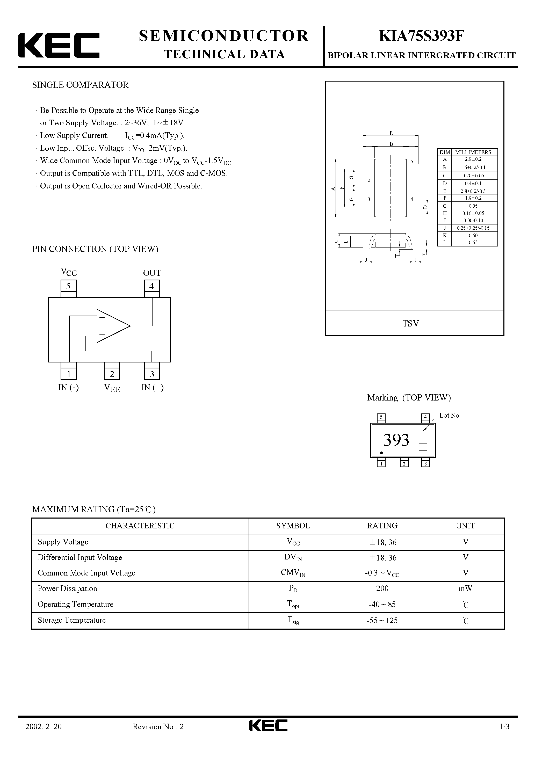 Datasheet KIA75S393F - BIPOLAR LINEAR INTEGRATED CIRCUIT (SINGLE COMPARATOR) page 1
