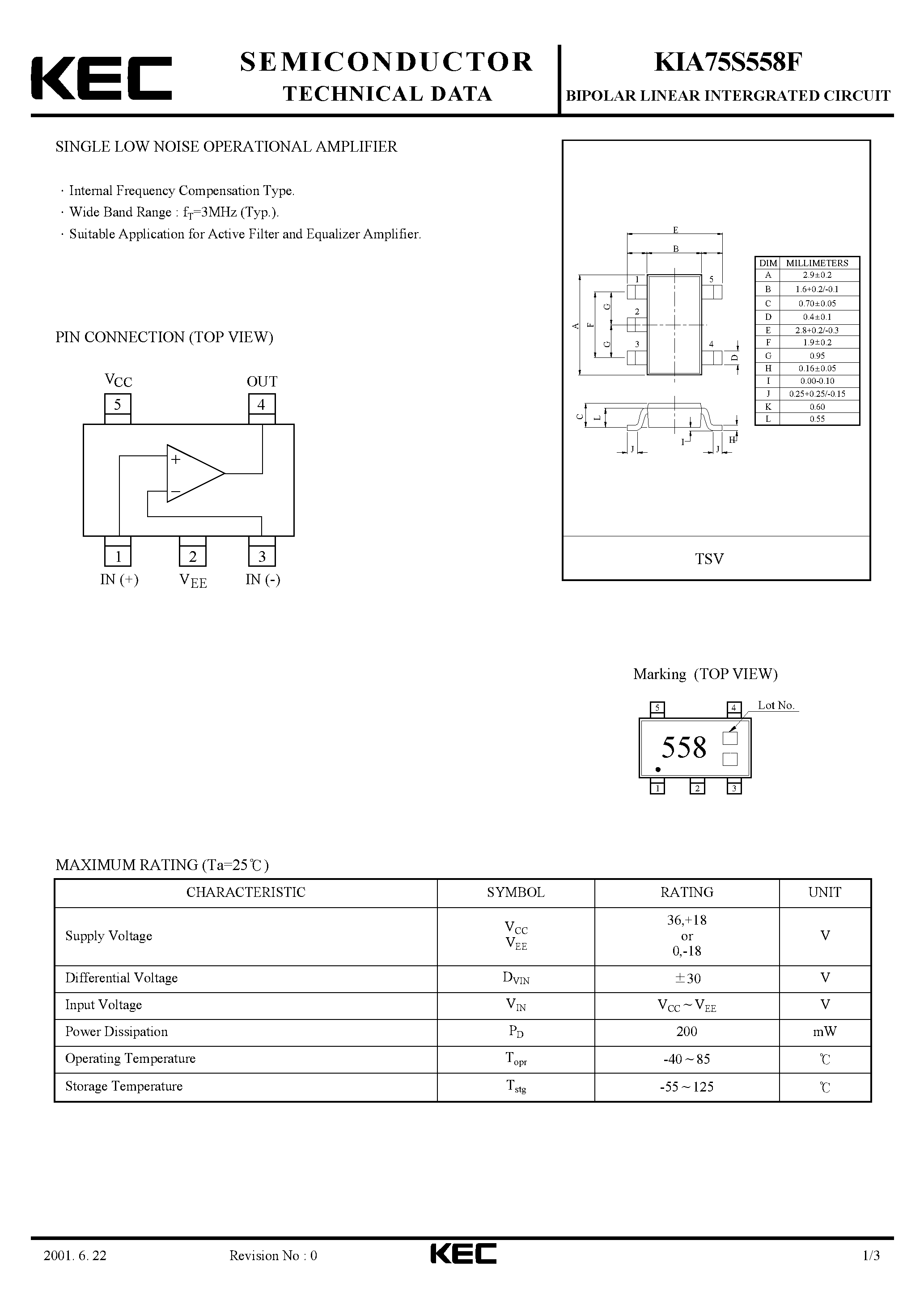 Datasheet KIA75S558F - BIPOLAR LINEAR INTEGRATED CIRCUIT (SINGLE LOW NOISE OPERATIONAL AMPLIFIER) page 1