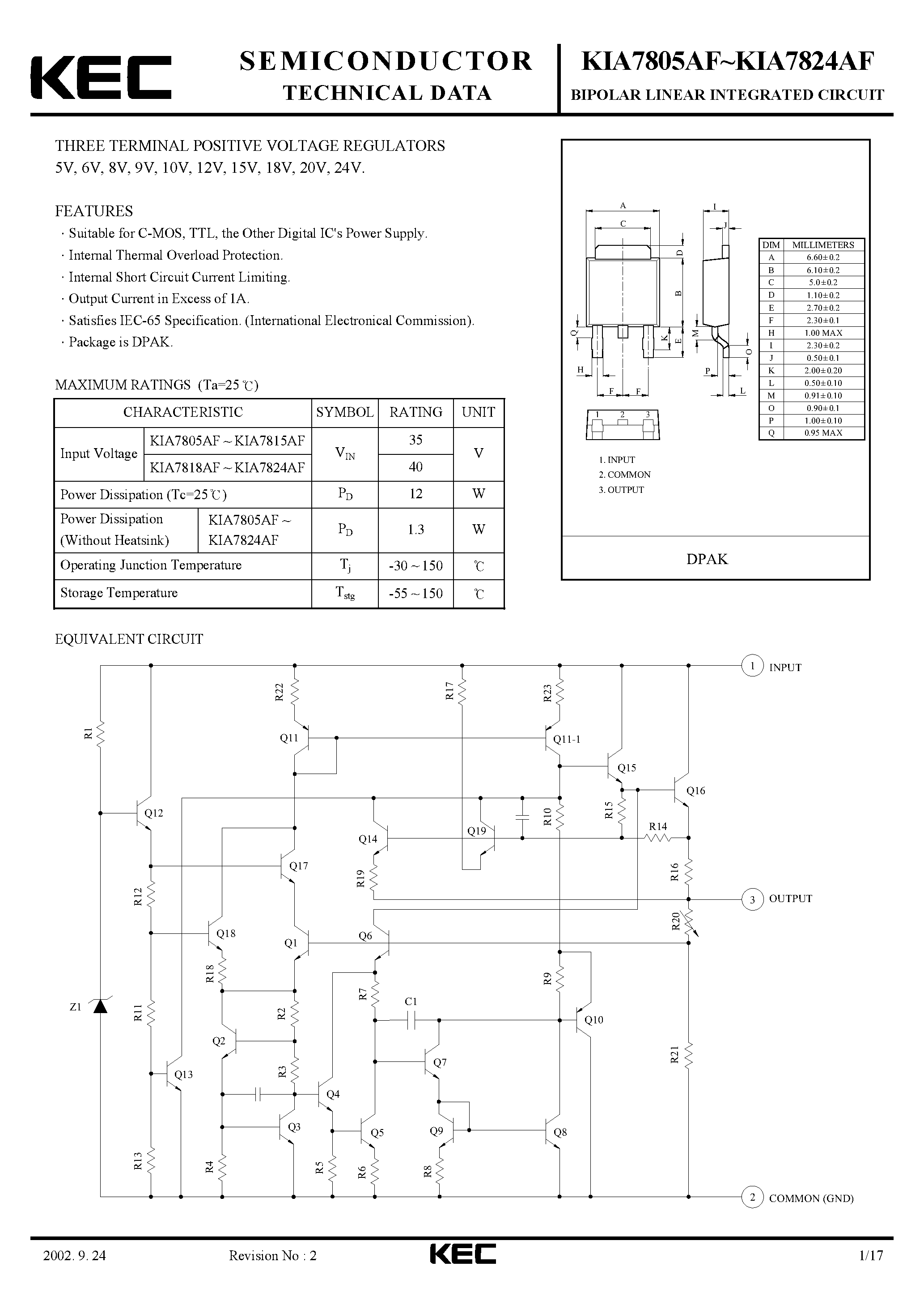 Datasheet KIA7806AF - BIPOLAR LINEAR INTEGRATED CIRCUIT page 1