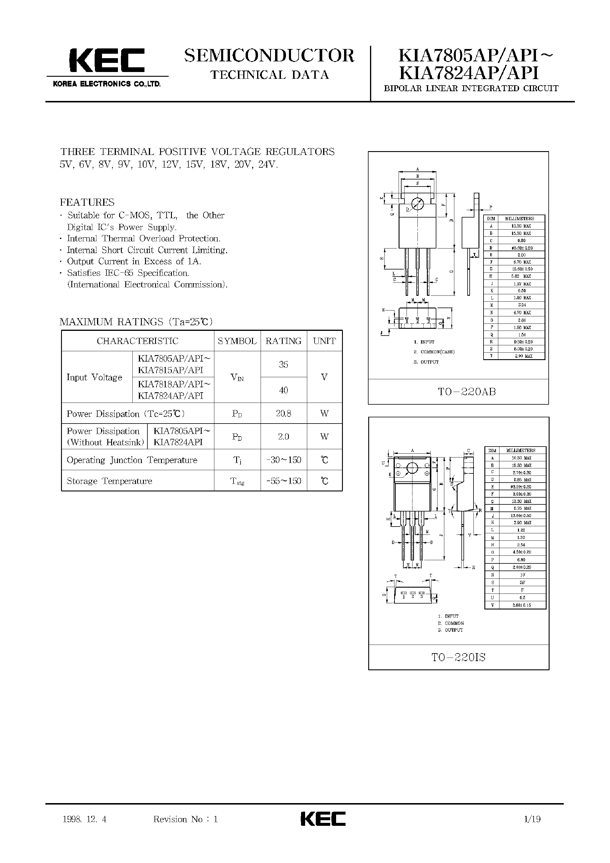 Datasheet KIA7809API page 1 Datasheet KIA7809API - THREE TERMINAL POSITIVE VOLTAGE REGULATORS page 1
