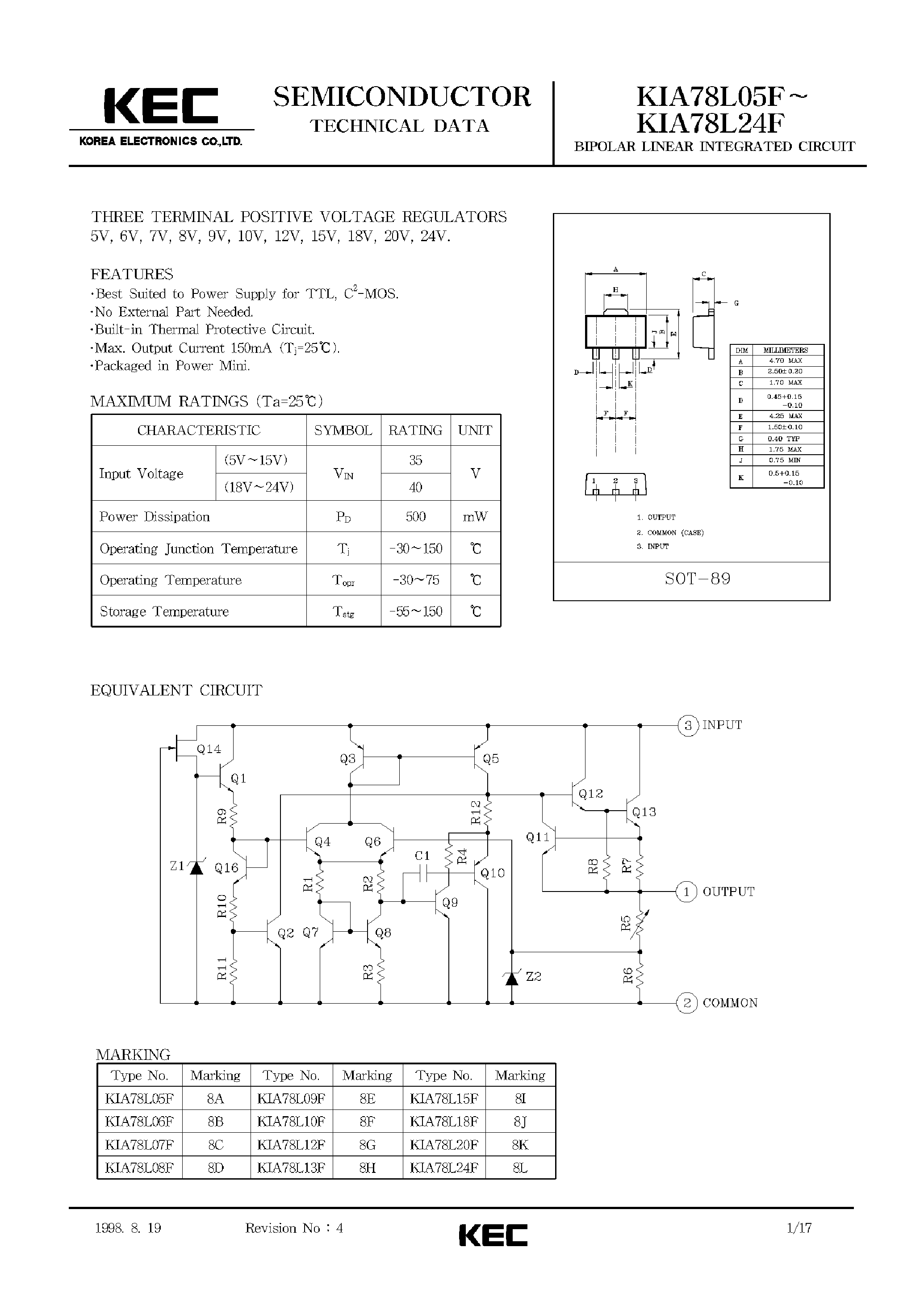 Даташит на микросхему KIA78L24F страница 1 Даташит KIA78L24F - BIPOLAR LINEAR INTEGRATED CIRCUIT (THREE TERMINAL POSITIVE VOLTAGE REGULATOR) страница 1