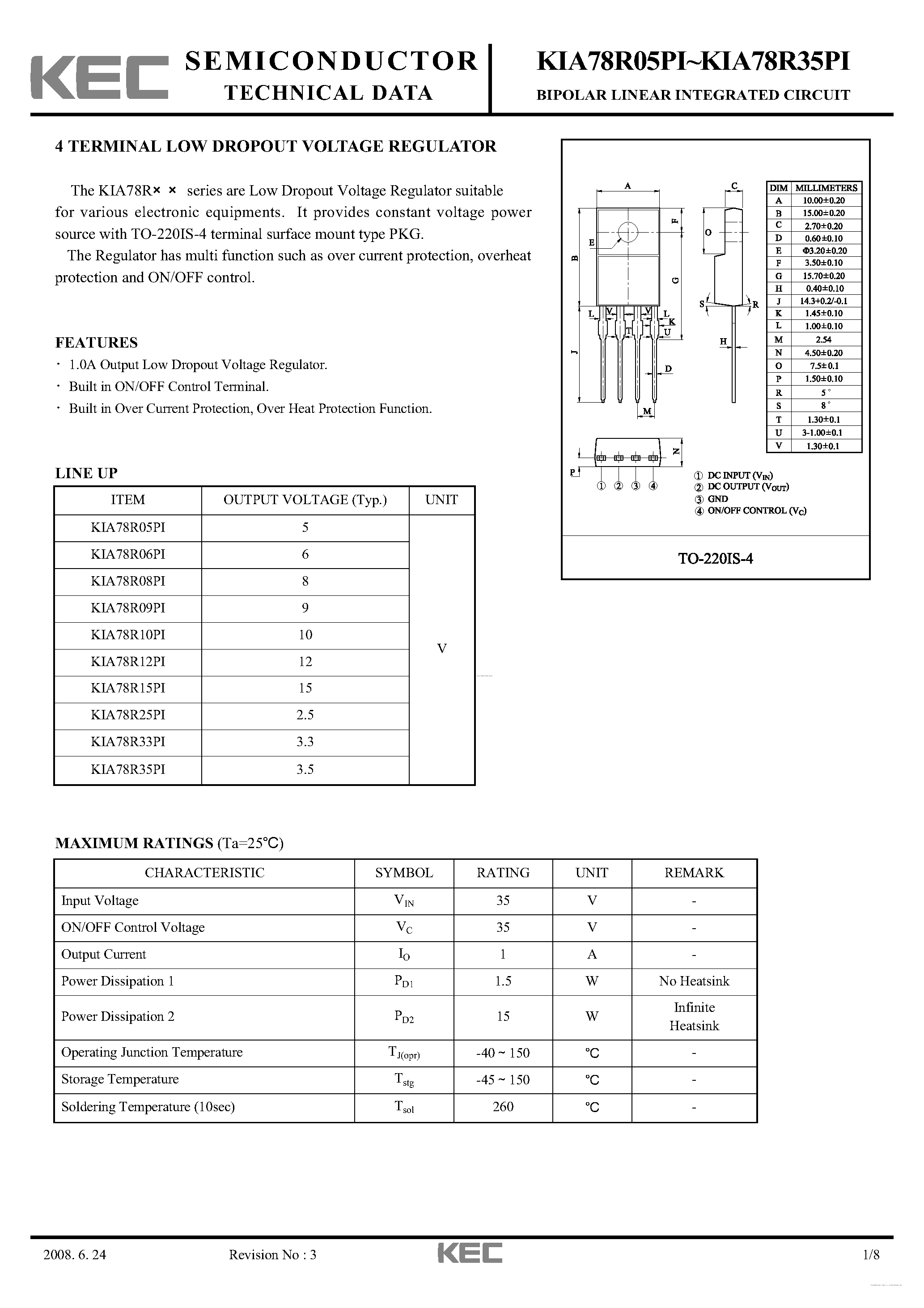 Datasheet KIA78R12PI - BIPOLAR LINEAR INTEGRATED CIRCUIT (4 TERMINAL LOW DROP VOLTAGE REGULATOR) page 1
