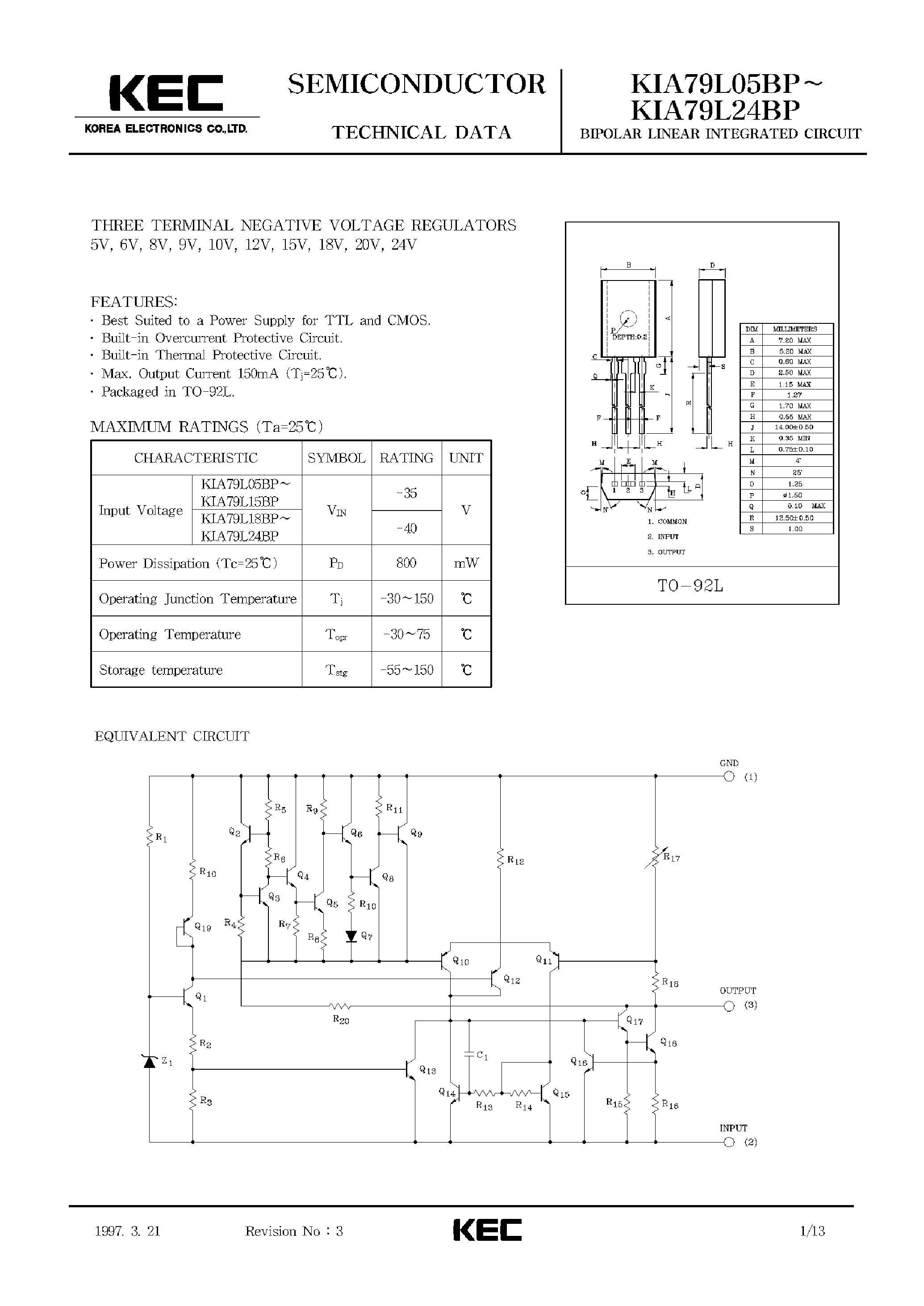 Даташит на микросхему KIA79L08BP страница 1 Даташит KIA79L08BP - THREE TERMINAL NEGATIVE VOLTAGE REGULATORS страница 1