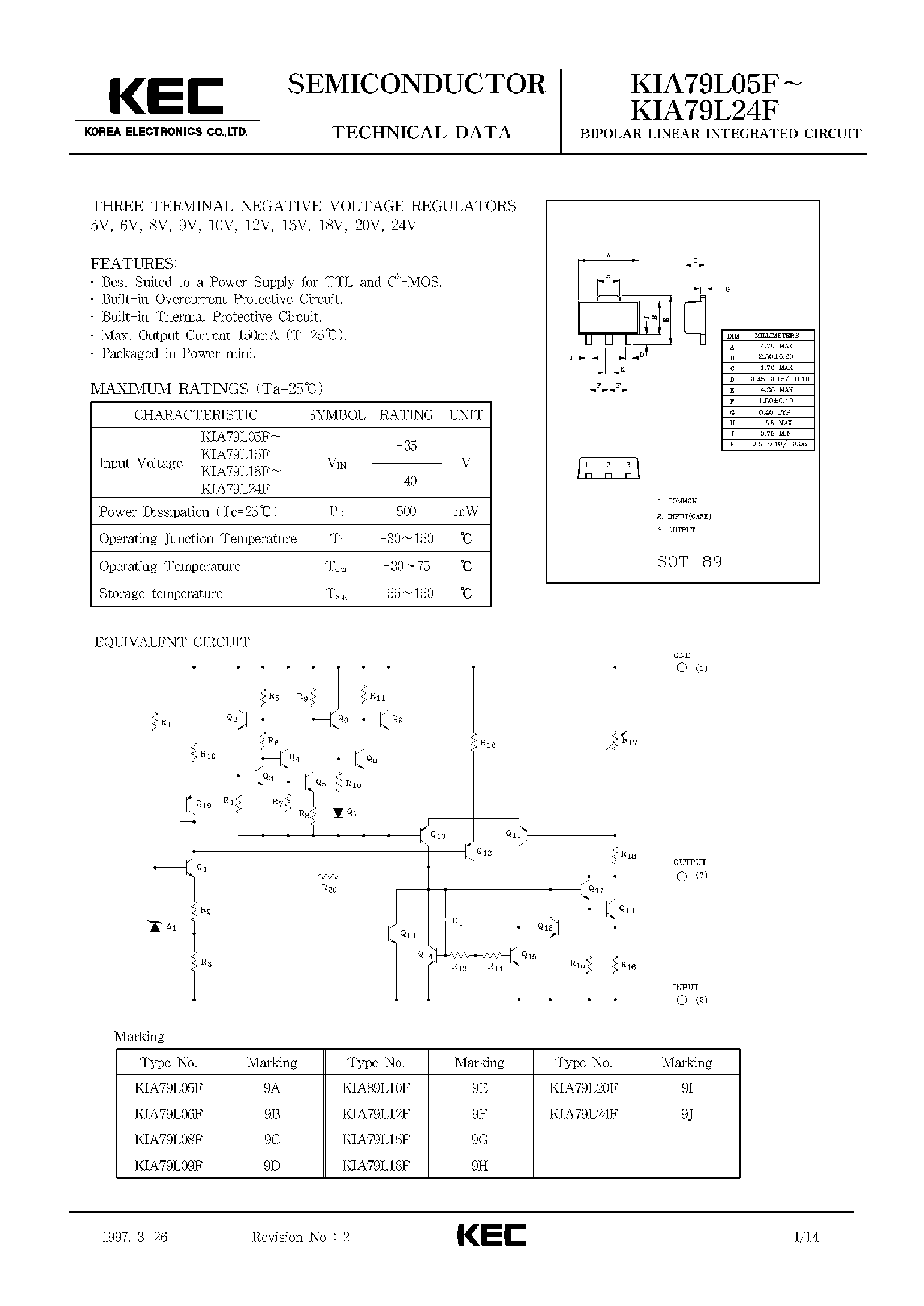Datasheet KIA79L09F page 1 Datasheet KIA79L09F - THREE TERMINAL NEGATIVE VOLTAGE REGULATORS page 1