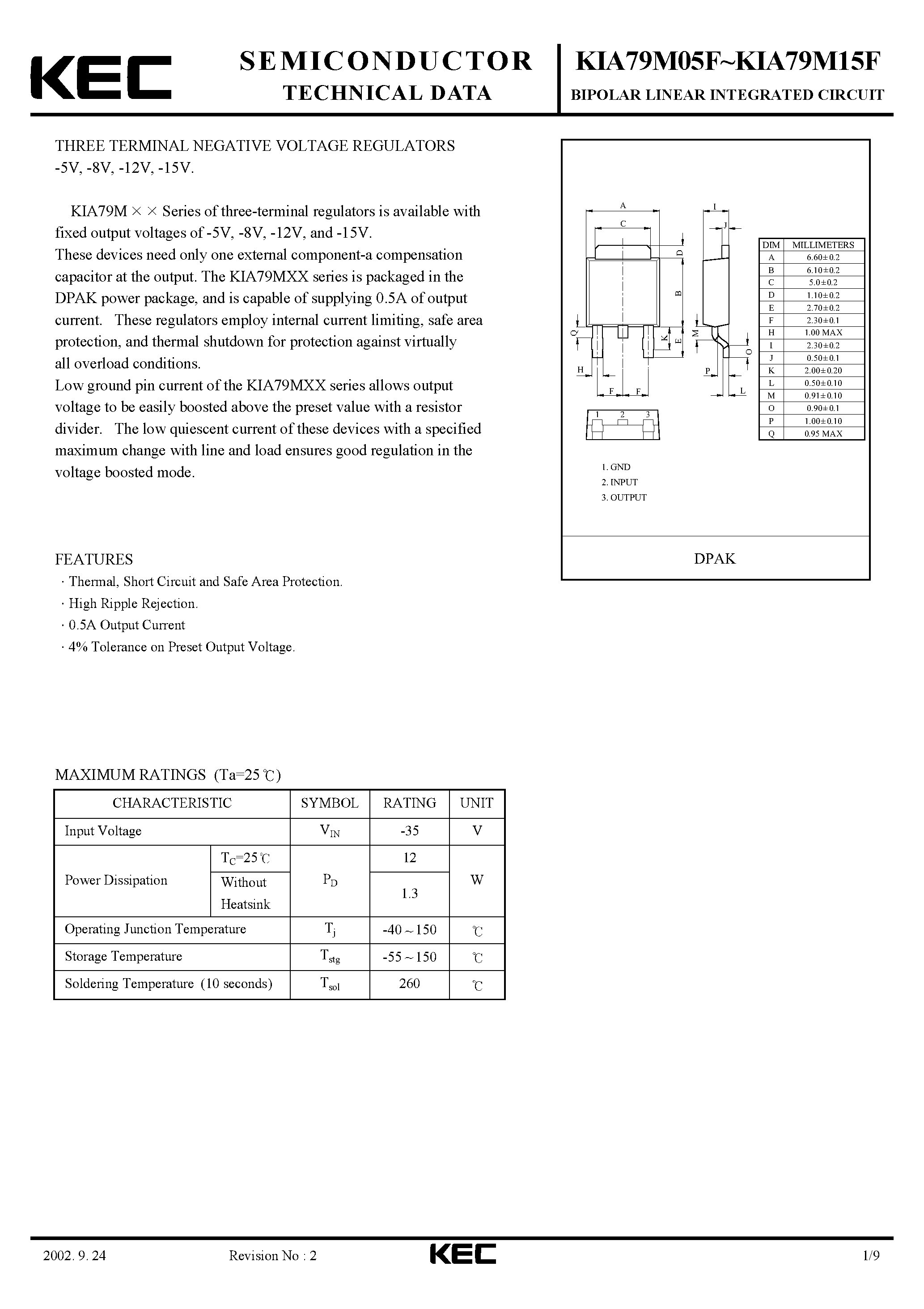 Даташит на микросхему KIA79M05F страница 1 Даташит KIA79M05F - BIPOLAR LINEAR INTEGRATED CIRCUIT (THREE TERMINAL POSITIVE VOLTAGE REGULATORS) страница 1