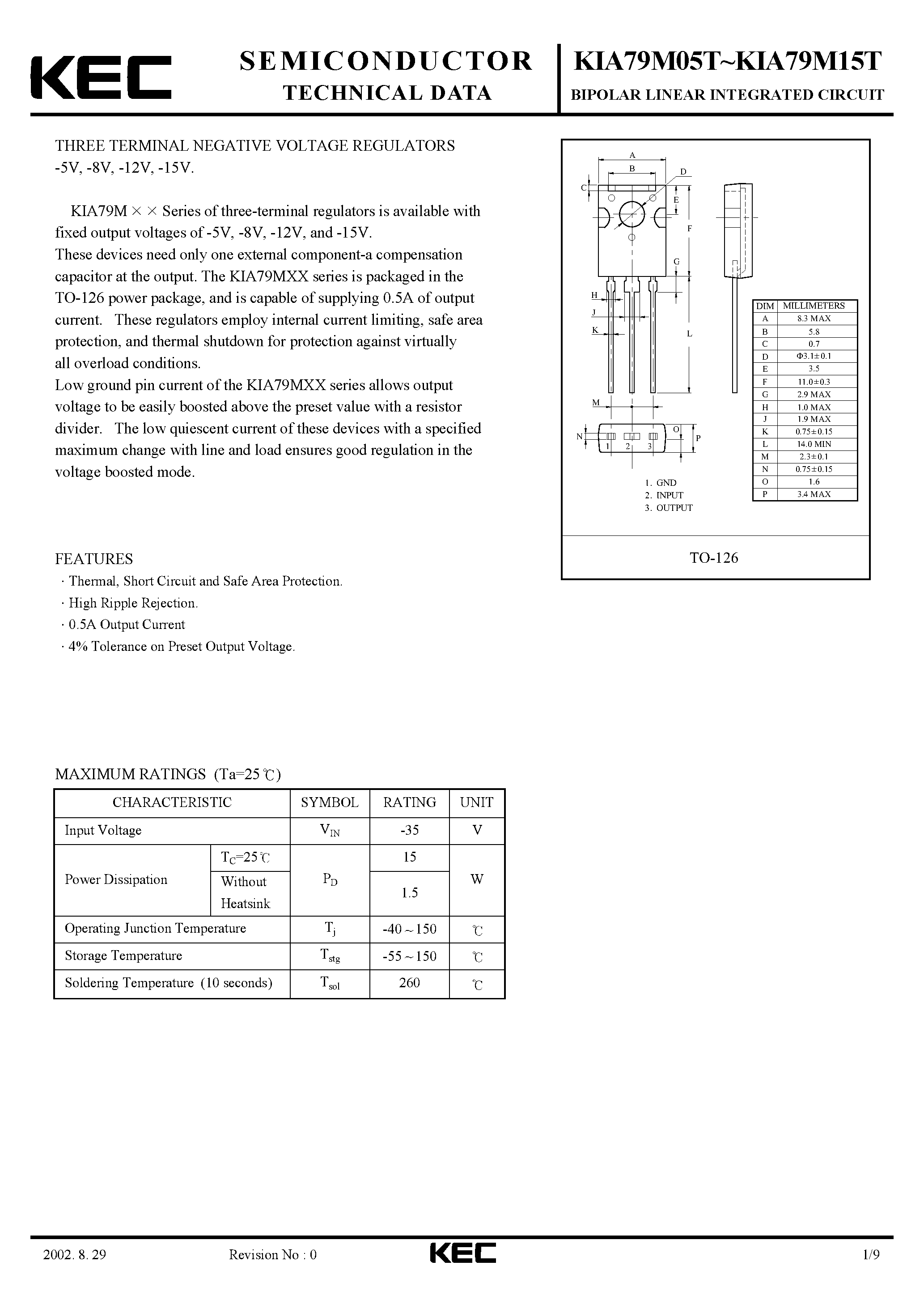 Datasheet KIA79M12T page 1 Datasheet KIA79M12T - BIPOLAR LINEAR INTEGRATED CIRCUIT (THREE TERMINAL NEGATIVE VOLTAGE REGULATORS) page 1