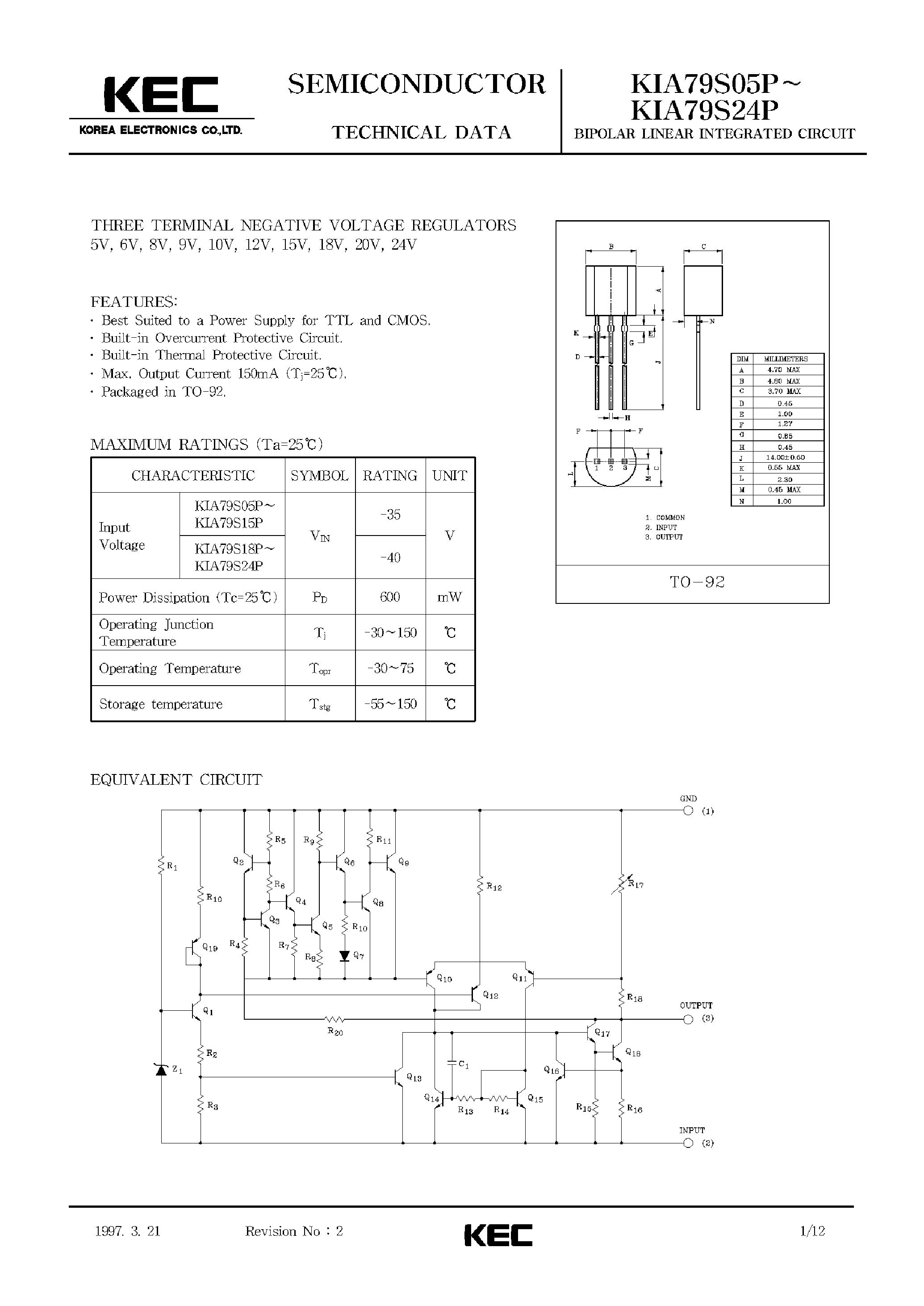 Даташит на микросхему KIA79S06P страница 1 Даташит KIA79S06P - BIPOLAR LINEAR INTEGRATED CIRCUIT (THREE TERMINAL NEGATIVE VOLTAGE REGULATORS) страница 1