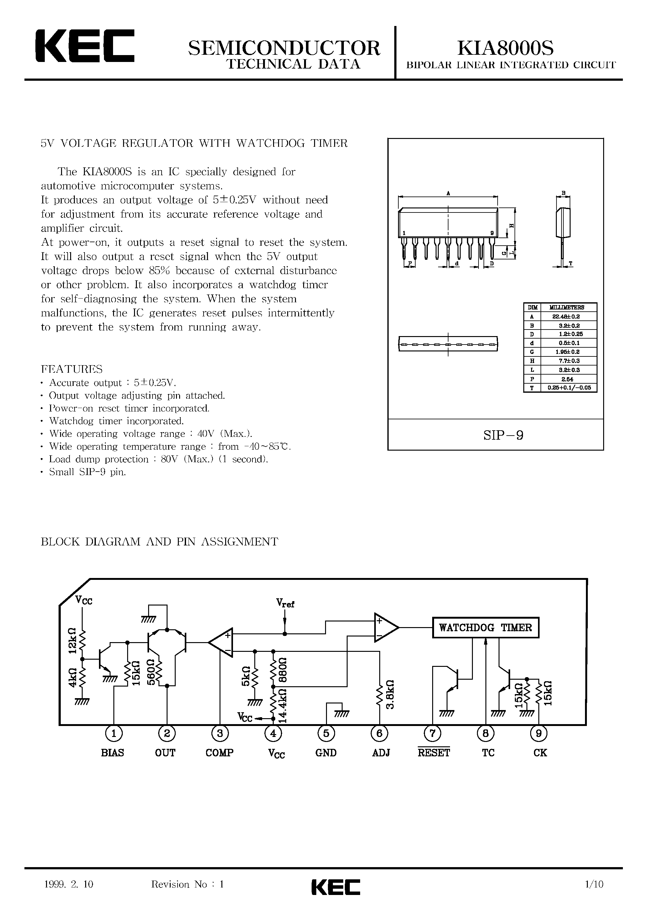 Даташит KIA8000S - BIPOLAR LINEAR INTEGRATED CIRCUIT (5V VOLTAGE REGULATOR WITH WATCHDOG TIMER) страница 1