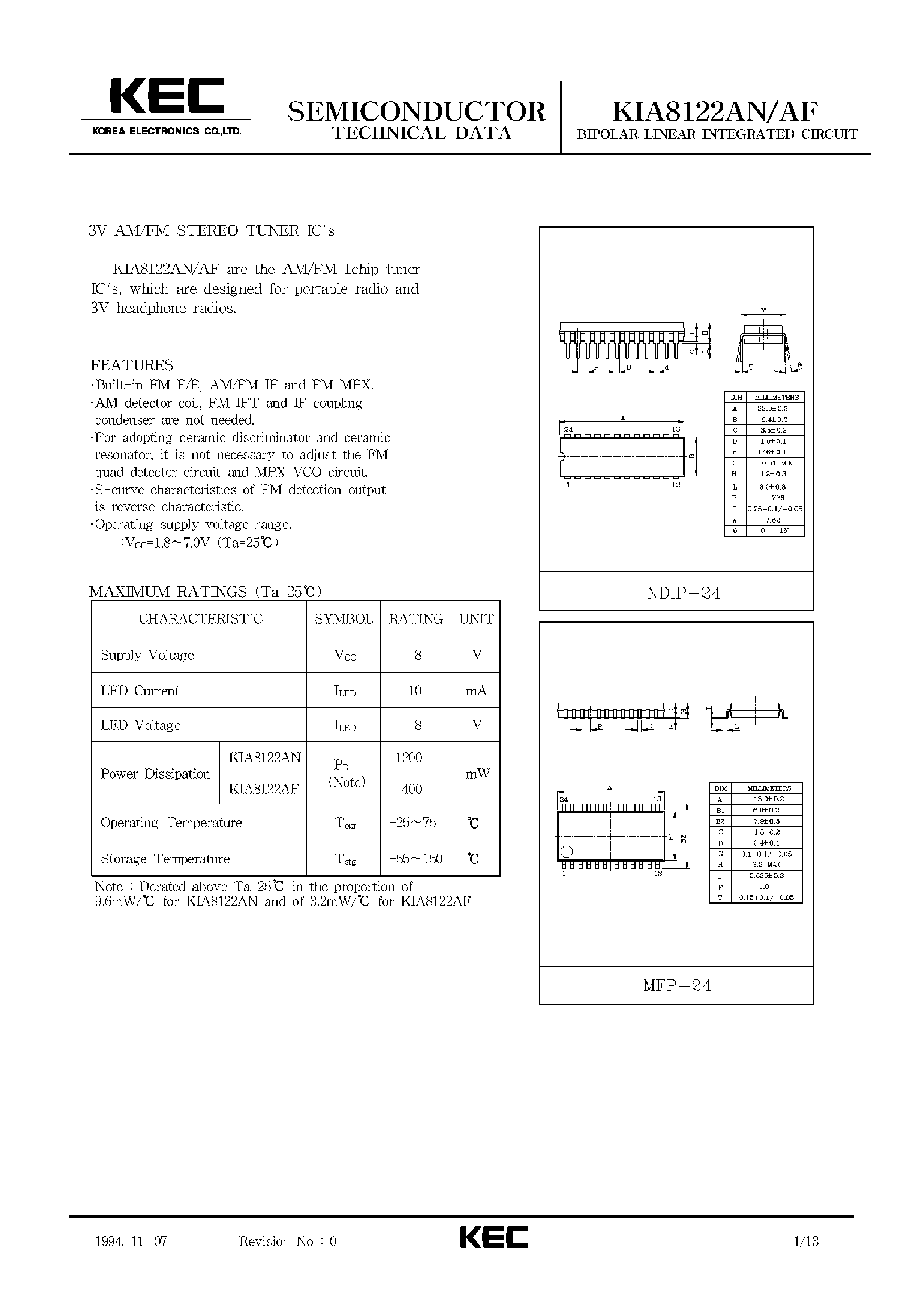 Datasheet KIA8122AF page 1 Datasheet KIA8122AF - BIPOLAR LINEAR INTEGRATED CIRCUIT (3V AM/FM STEREO TUNER ICs) page 1
