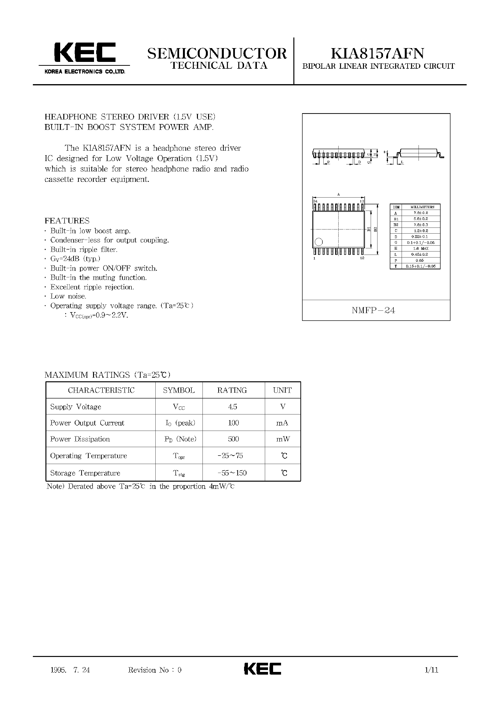 Datasheet KIA8157AFN - BIPOLAR LINEAR INTEGRATED CIRCUIT (HEADPHONE STEREO DRIVER BUILT-IN BOOST SYSTEM POWER AMP) page 1