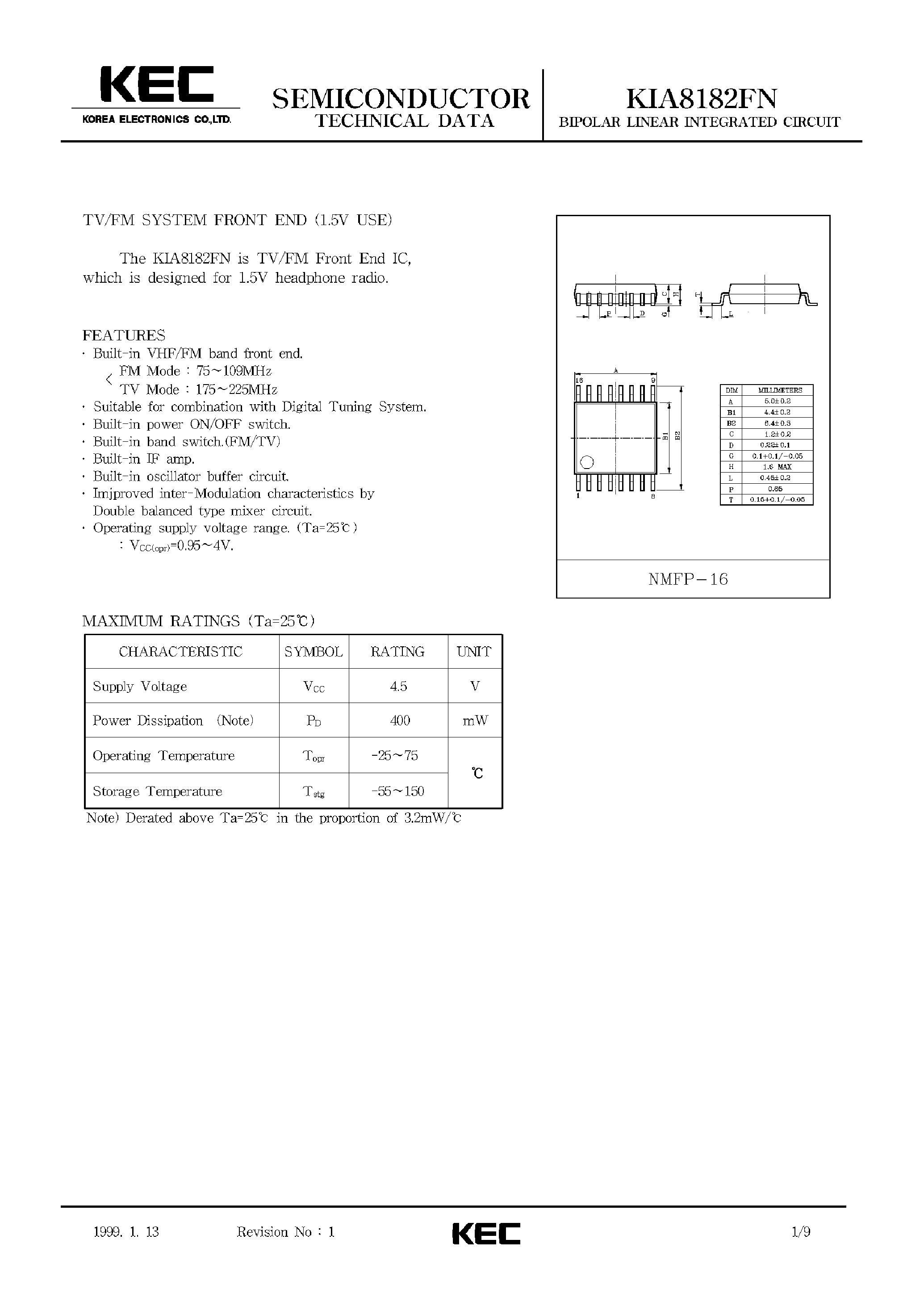 Datasheet KIA8182 page 1 Datasheet KIA8182 - BIPOLAR LINEAR INTEGRATED CIRCUIT (TV/FM SYSTEM FRONT END) page 1