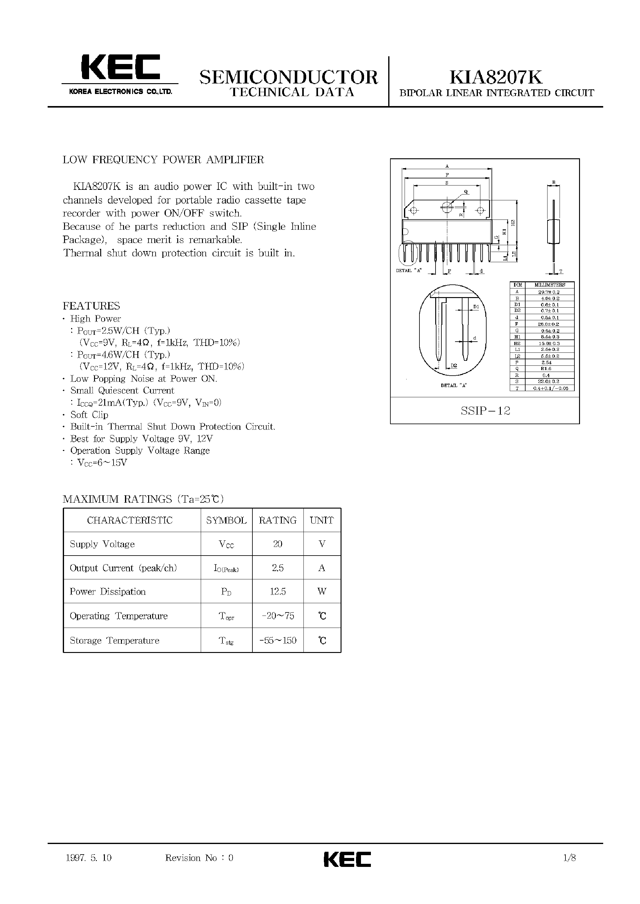 Даташит KIA8207K - BIPOLAR LINEAR INTEGRATED CIRCUIT (LOW FREQUENCY POWER AMPLIFIER) страница 1