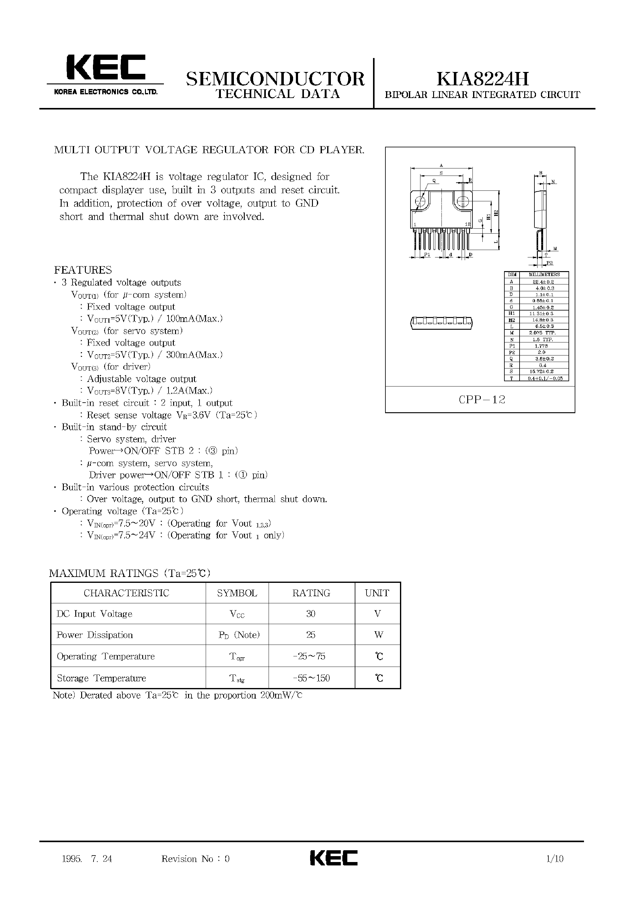 Datasheet KIA8224 - BIPOLAR LINEAR INTEGRATED CIRCUIT (MULTI OUTPUT VOLTAGE REGULATOR FOR CD PLAYER) page 1