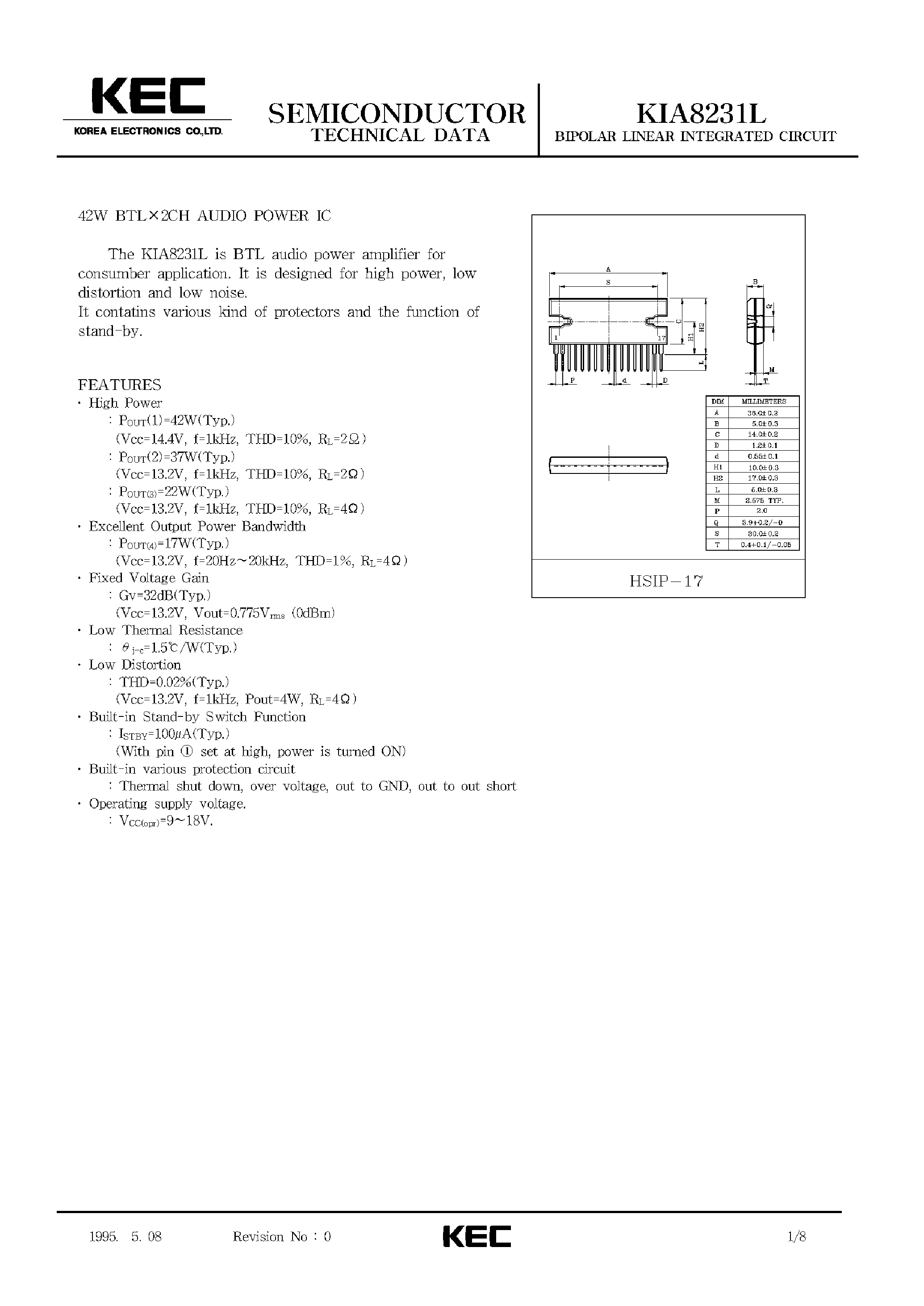Datasheet KIA8231L page 1 Datasheet KIA8231L - BIPOLAR LINEAR INTEGRATED CIRCUIT (42W BTL X 2CH AUDIO POWER IC) page 1