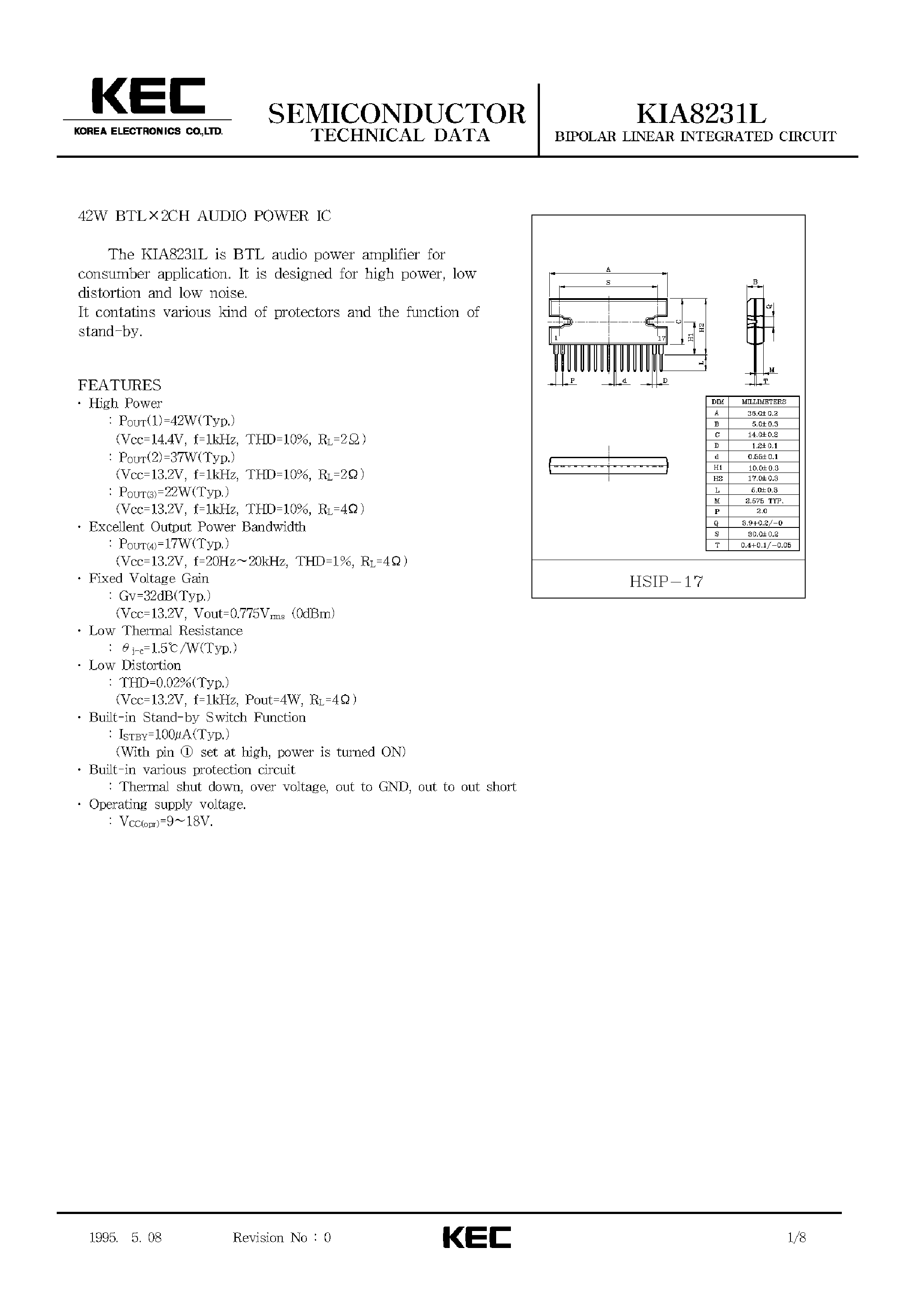 Даташит KIA8231L - BIPOLAR LINEAR INTEGRATED CIRCUIT (42W BTL X 2CH AUDIO POWER IC) страница 1