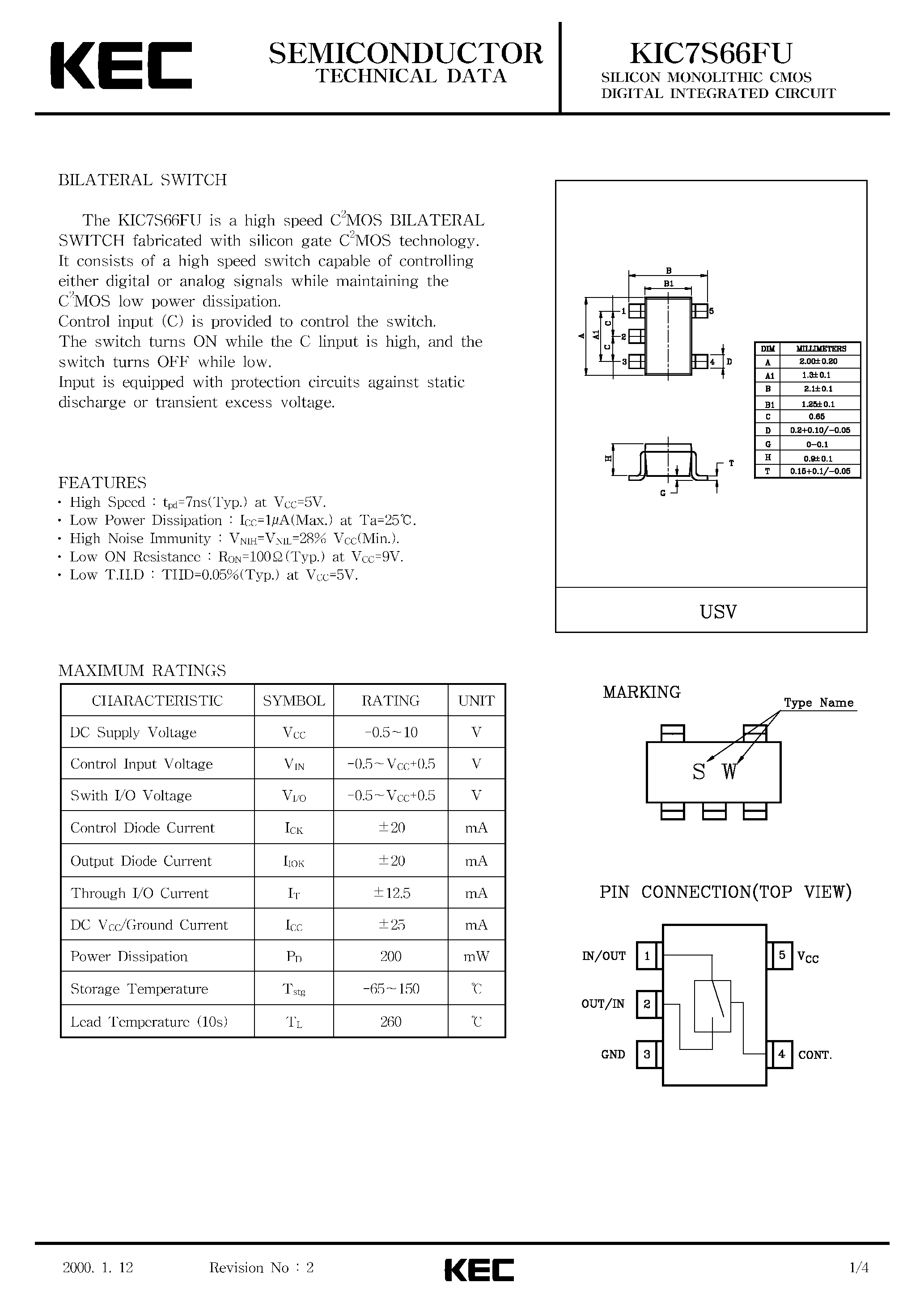 Даташит KIC7S66FU - SILICON MONOLITHIC CMOS DIGITAL INTEGRATED CIRCUIT(BILATERAL SWITCH) страница 1