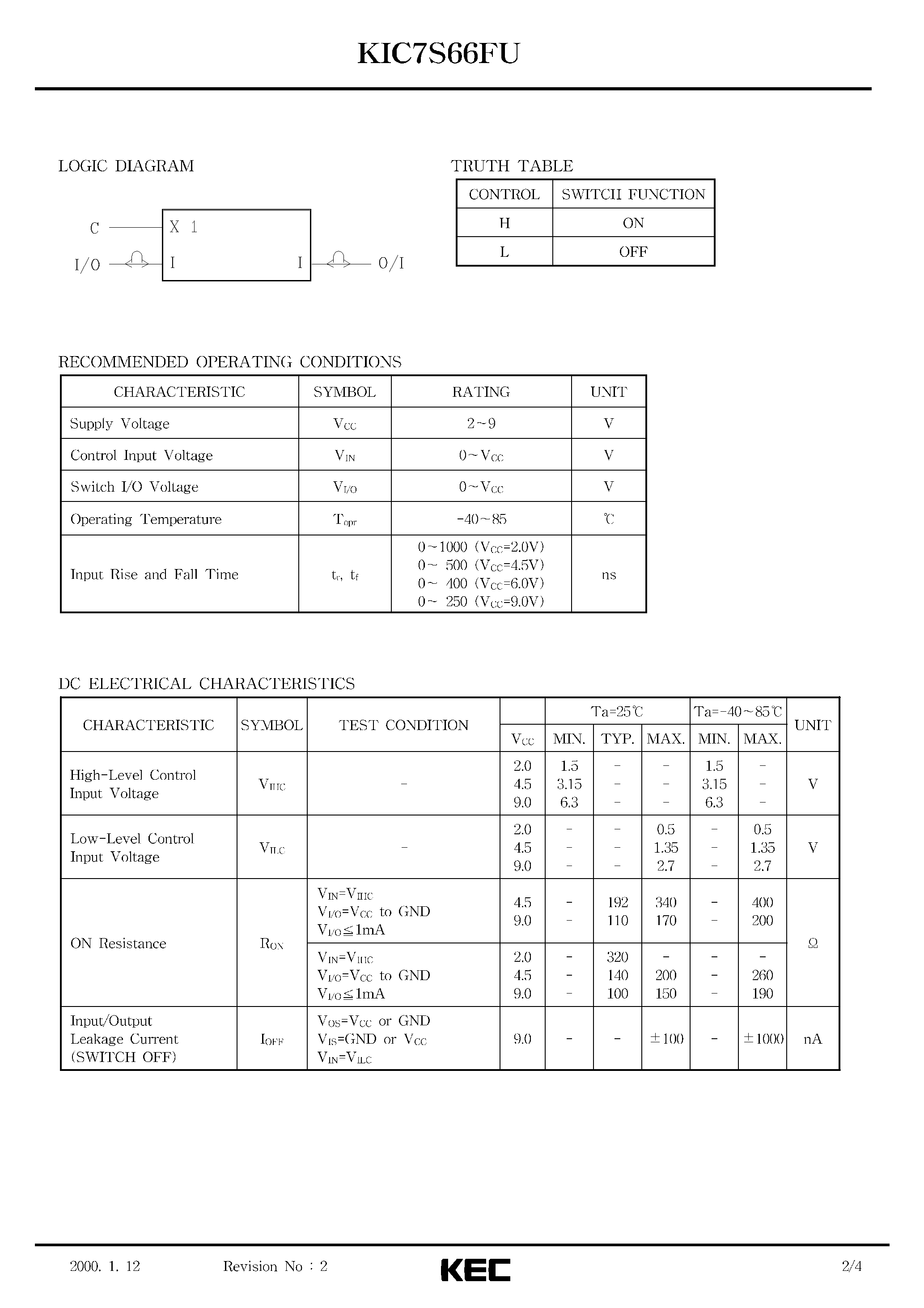 Даташит KIC7S66FU - SILICON MONOLITHIC CMOS DIGITAL INTEGRATED CIRCUIT(BILATERAL SWITCH) страница 2