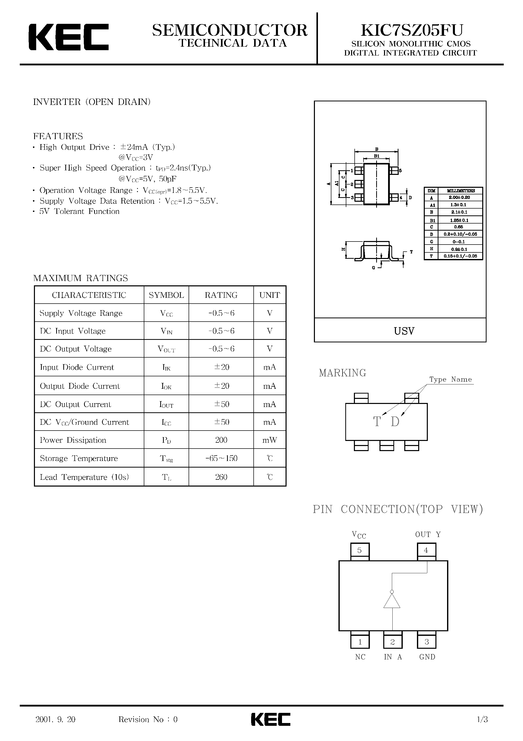 Даташит на микросхему KIC7SZ05FU страница 1 Даташит KIC7SZ05FU - SILICON MONOLITHIC CMOS DIGITAL INTEGRATED CIRCUIT(INVERTER OPEN DRAIN) страница 1