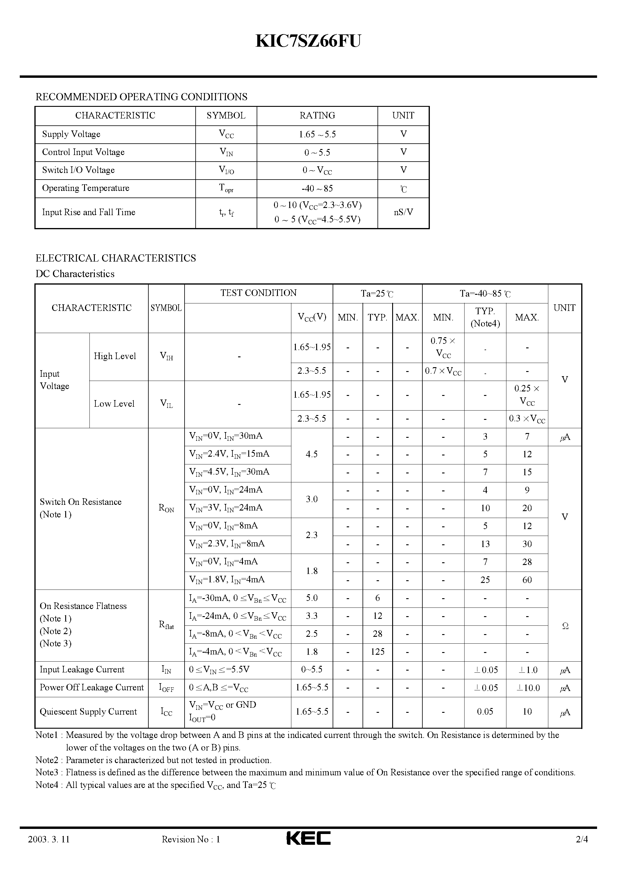 Даташит на микросхему KIC7SZ66FU страница 2 Даташит KIC7SZ66FU - SILICON MONOLITHIC CMOS DIGITAL INTEGRATED CIRCUIT(BILATERAL SWITCH) страница 2