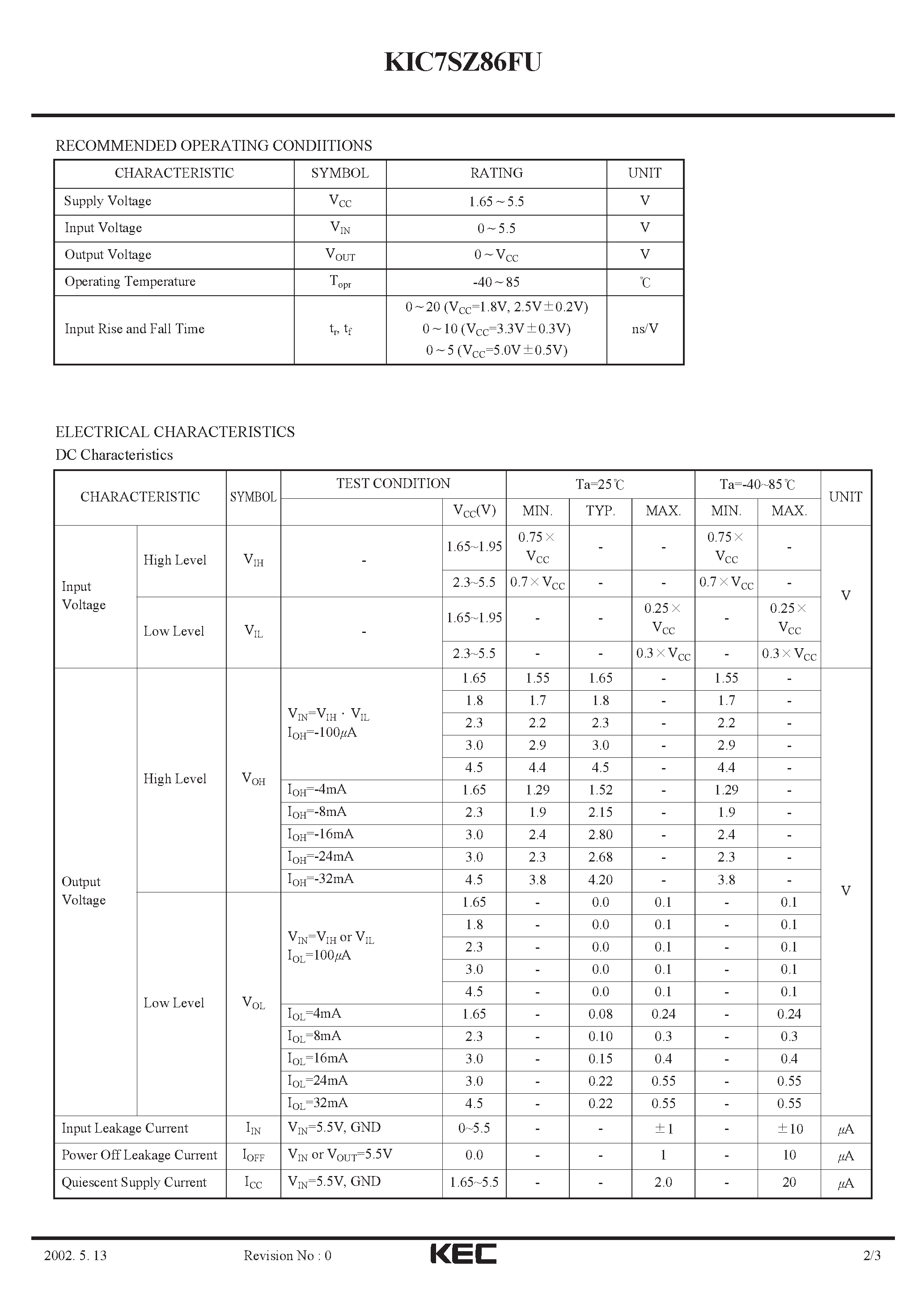 Даташит KIC7SZ86FU - SILICON MONOLITHIC CMOS DIGITAL INTEGRATED CIRCUIT(EXCLUSIVE OR GATE) страница 2