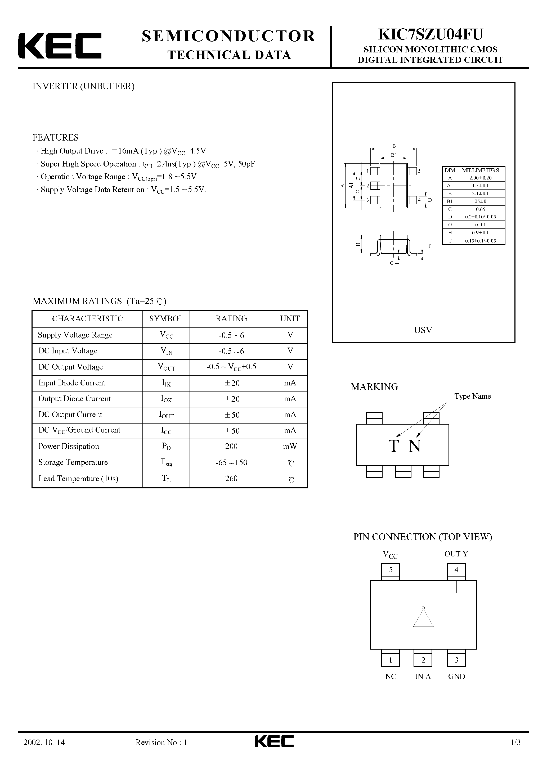 Даташит KIC7SZU04FU - SILICON MONOLITHIC CMOS DIGITAL INTEGRATED CIRCUIT(INVERTER UNBUFFER) страница 1