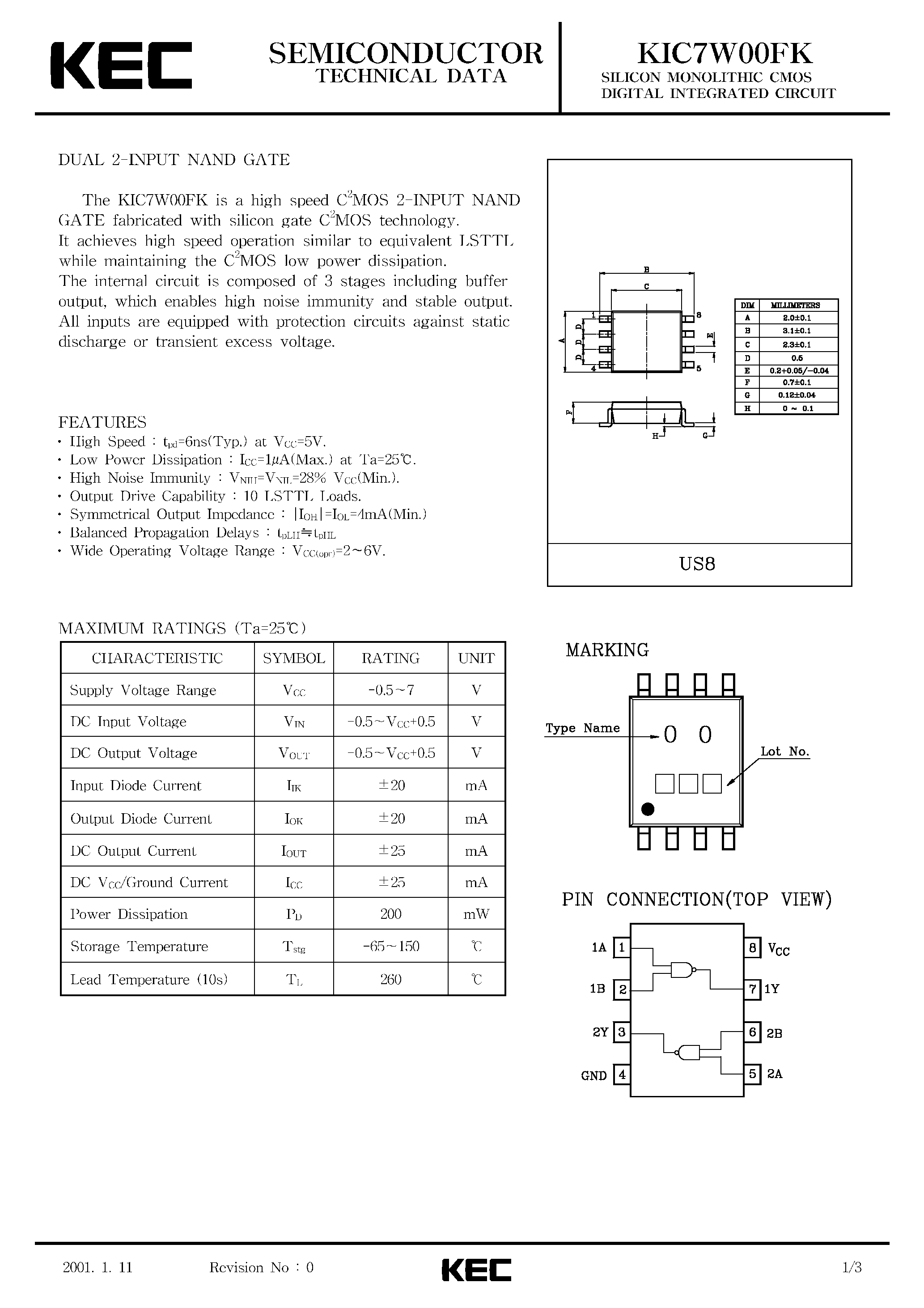Даташит на микросхему KIC7W00FK страница 1 Даташит KIC7W00FK - SILICON MONOLITHIC CMOS DIGITAL INTEGRATED CIRCUIT(DAUL 2-INPUT NAND GATE) страница 1