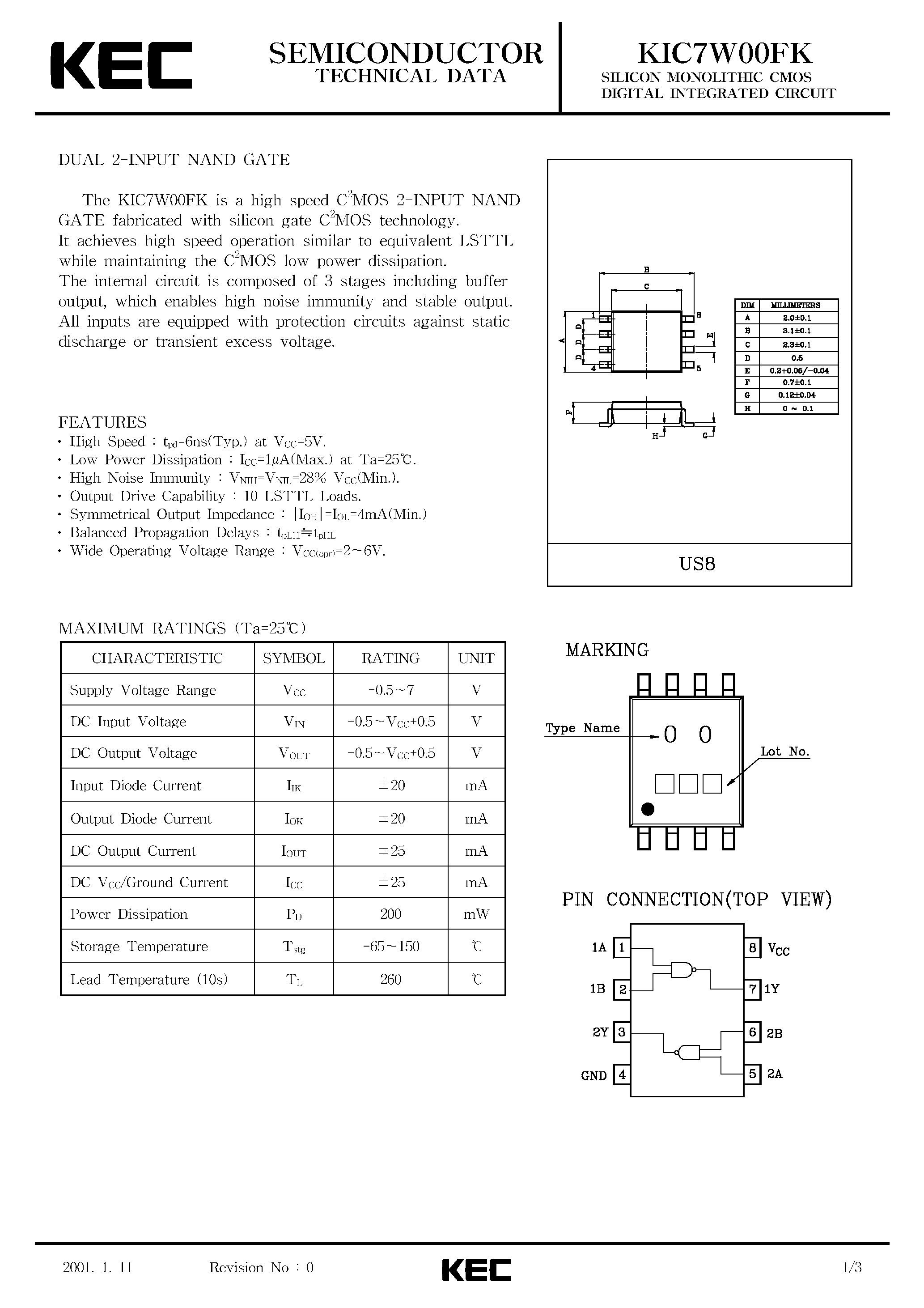 Даташит KIC7W00FK - SILICON MONOLITHIC CMOS DIGITAL INTEGRATED CIRCUIT(DAUL 2-INPUT NAND GATE) страница 1