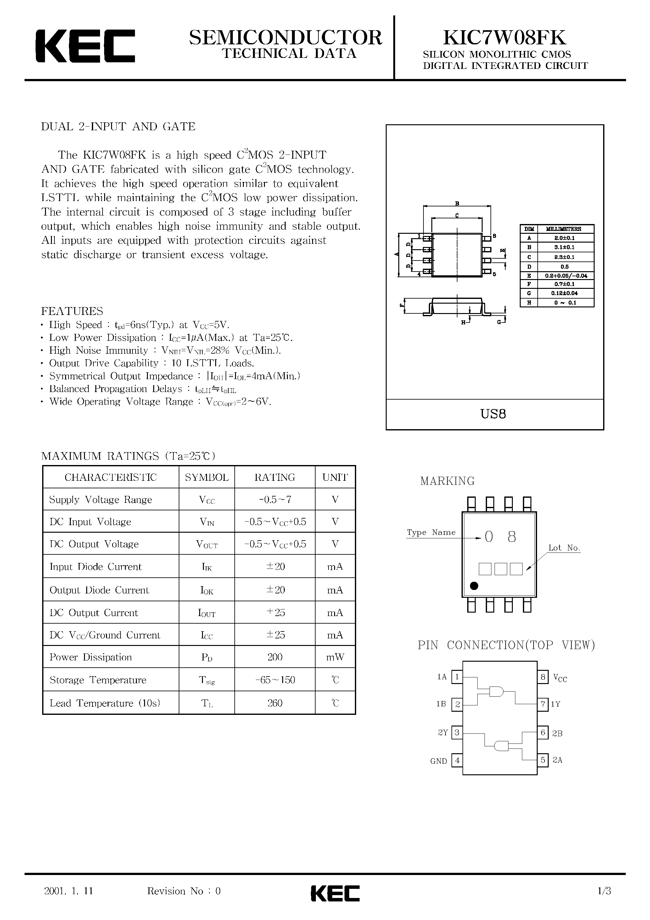 Даташит на микросхему KIC7W08FK страница 1 Даташит KIC7W08FK - SILICON MONOLITHIC CMOS DIGITAL INTEGRATED CIRCUIT(DAUL 2-INPUT NAND GATE) страница 1