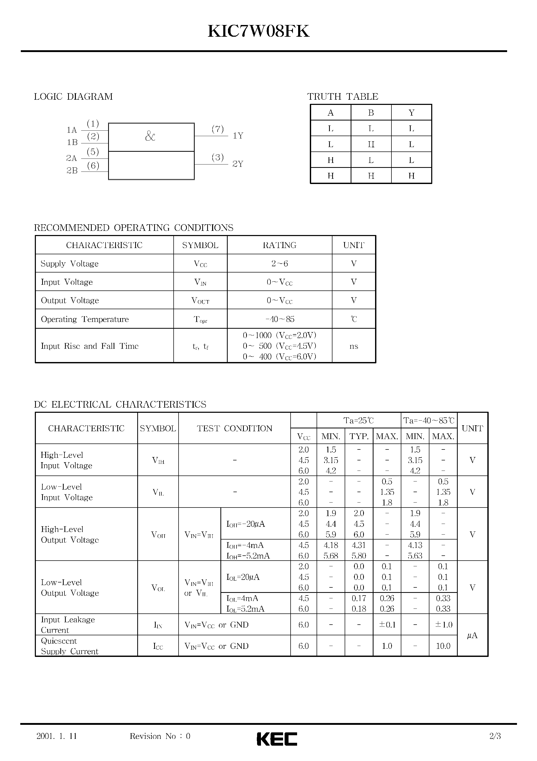Даташит на микросхему KIC7W08FK страница 2 Даташит KIC7W08FK - SILICON MONOLITHIC CMOS DIGITAL INTEGRATED CIRCUIT(DAUL 2-INPUT NAND GATE) страница 2