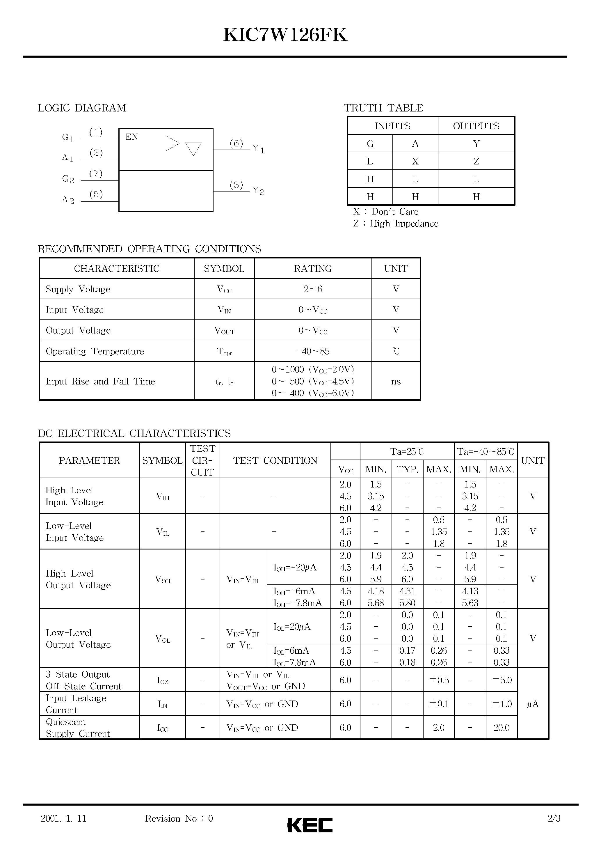 Даташит KIC7W126FK - SILICON MONOLITHIC CMOS DIGITAL INTEGRATED CIRCUIT(DUAL BUS BUFFER) страница 2