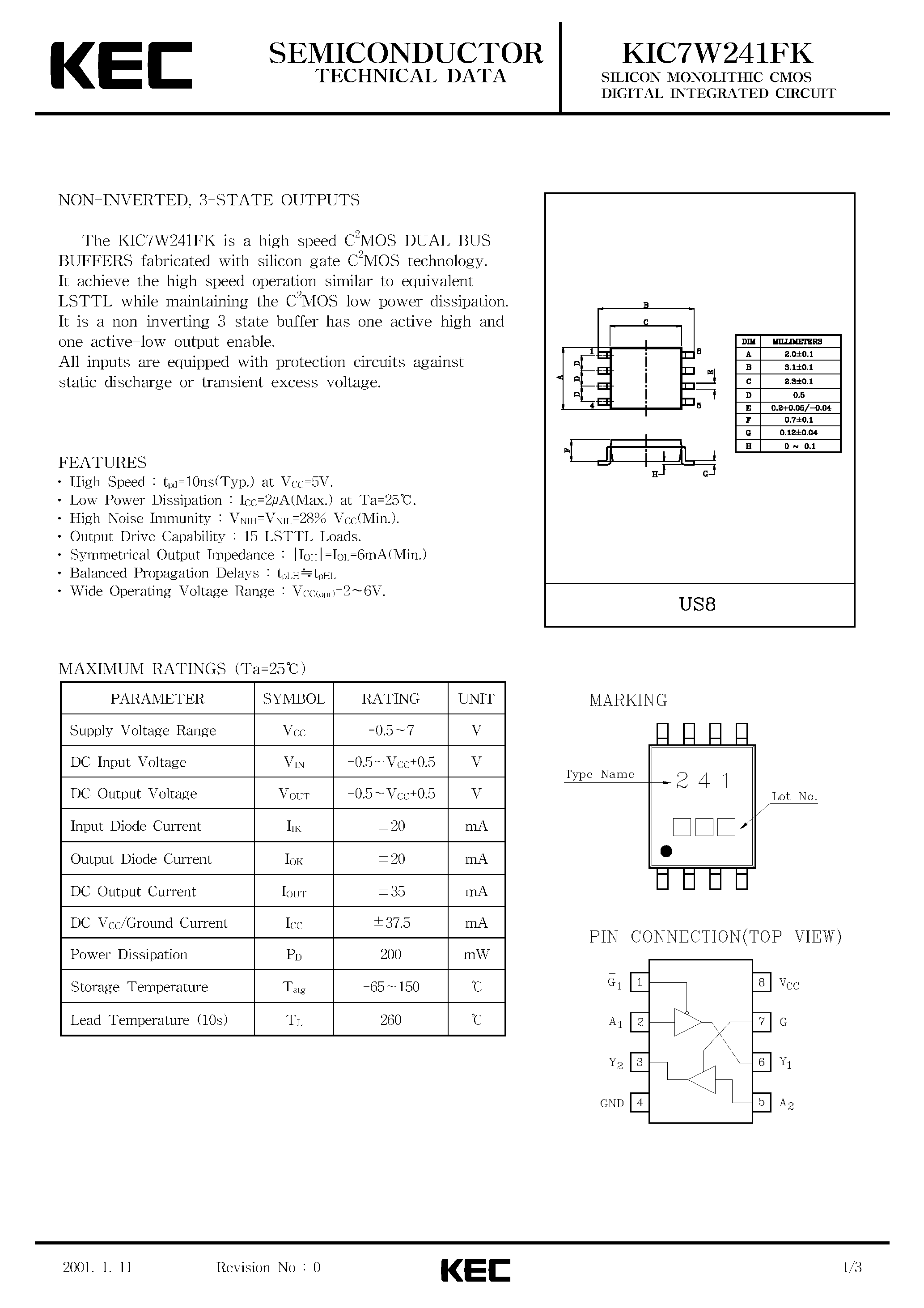 Даташит KIC7W241FK - SILICON MONOLITHIC CMOS DIGITAL INTEGRATED CIRCUIT(NON-INVERTED/ 3-STATE OUTPUTS) страница 1