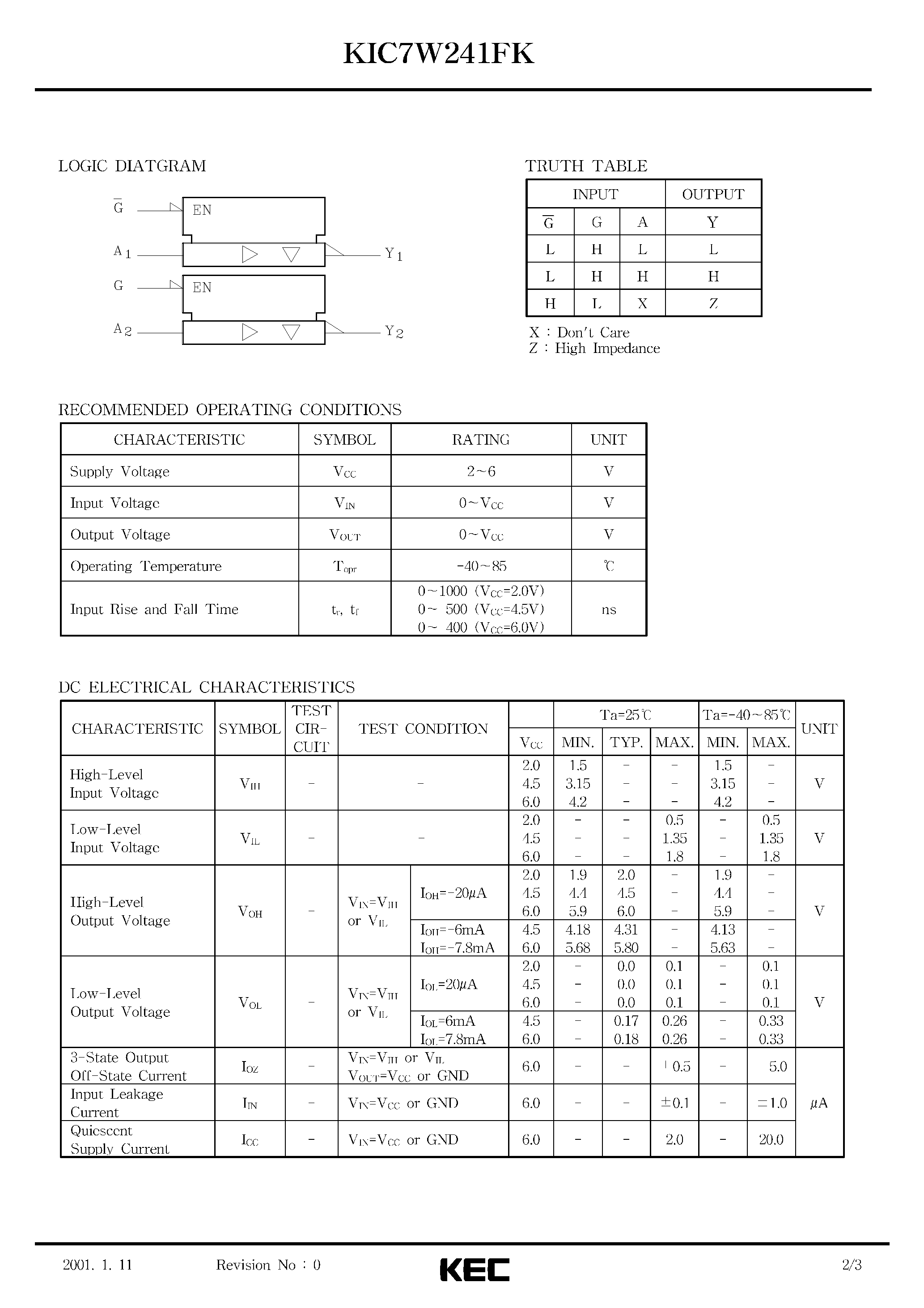 Даташит KIC7W241FK - SILICON MONOLITHIC CMOS DIGITAL INTEGRATED CIRCUIT(NON-INVERTED/ 3-STATE OUTPUTS) страница 2