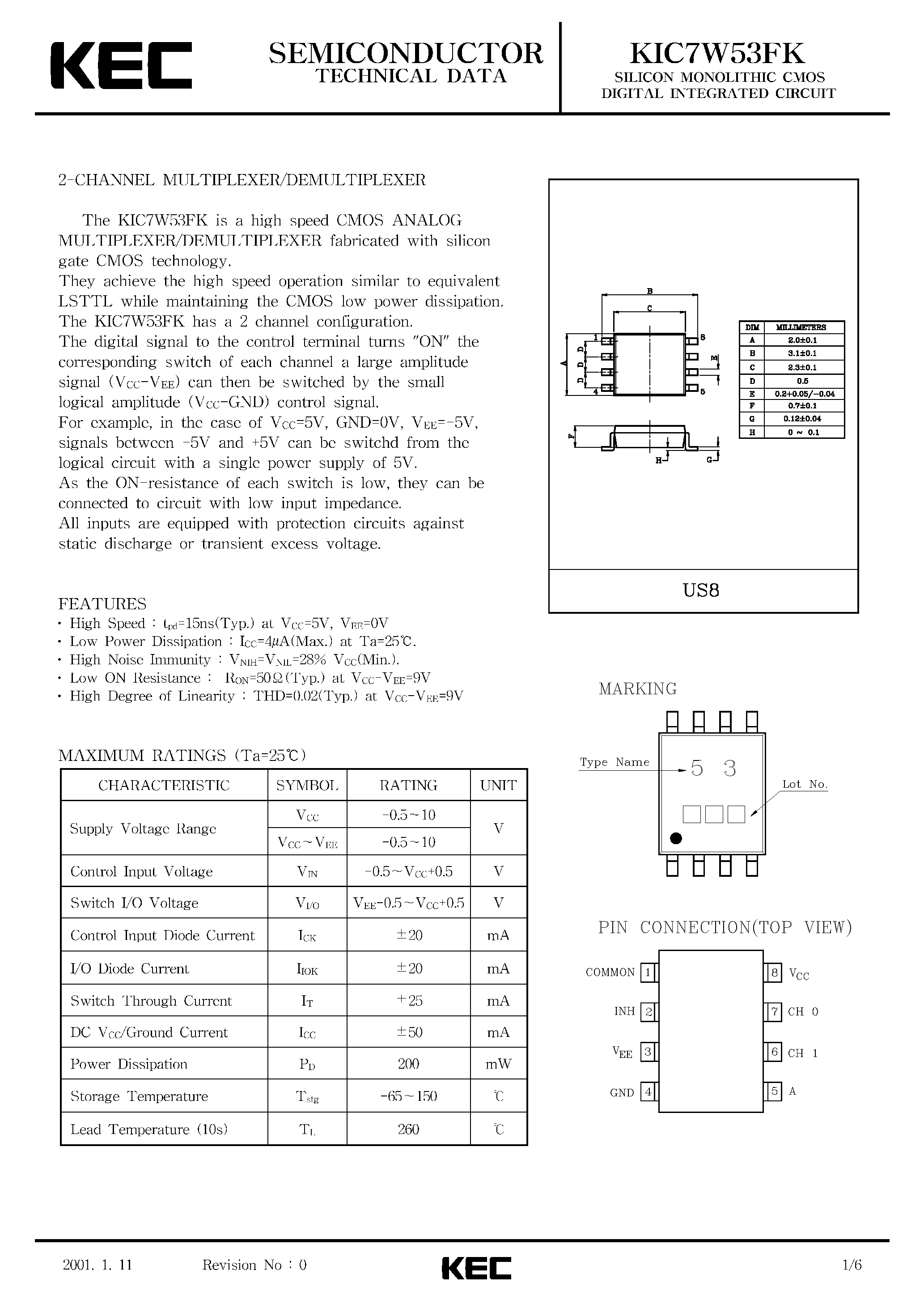 Datasheet KIC7W53 - SILICON MONOLITHIC CMOS DIGITAL INTEGRATED CIRCUIT(2-CHANNEL MULTIPLEXER/DEMULTIPLEXER) page 1