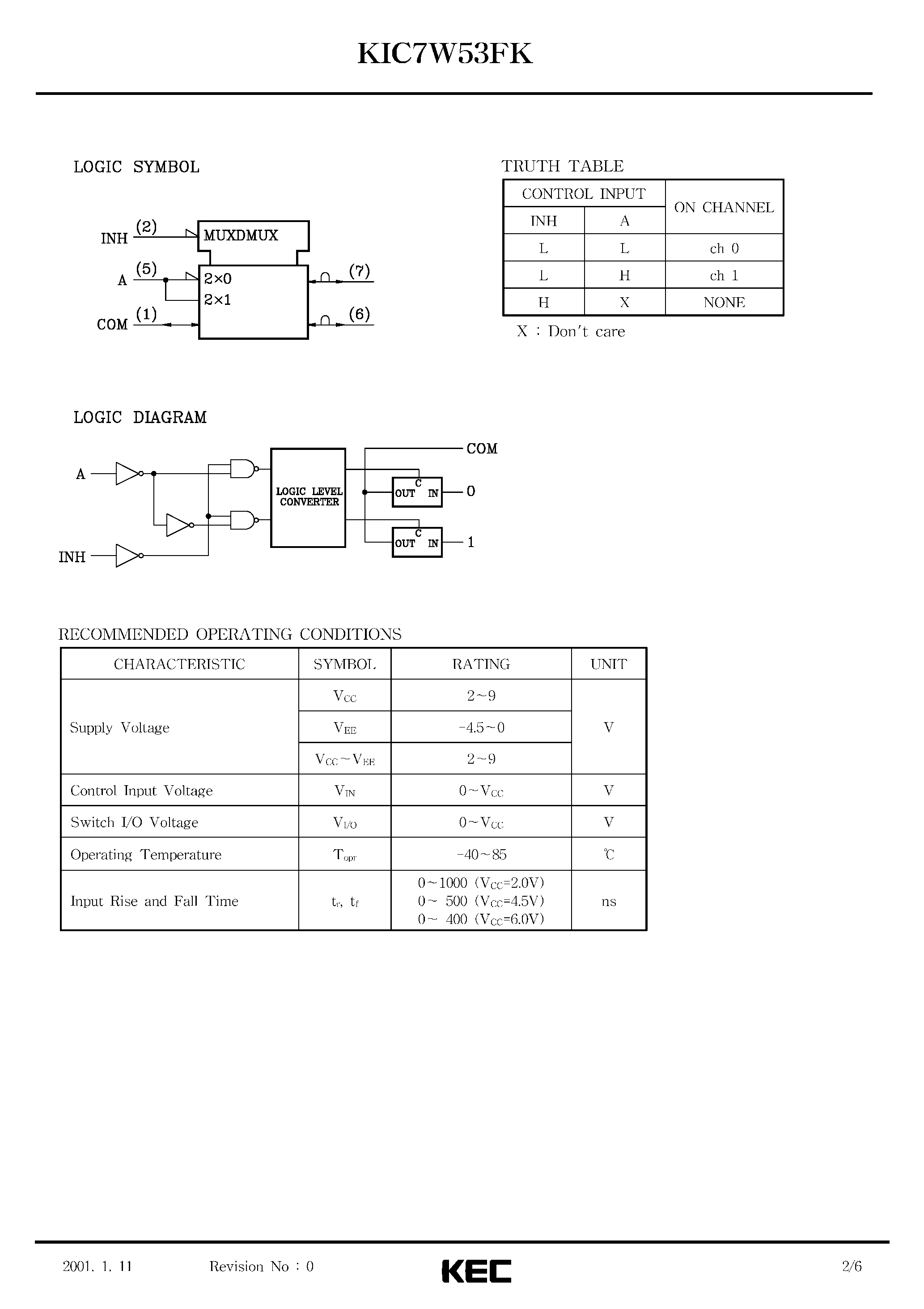 Datasheet KIC7W53FK - SILICON MONOLITHIC CMOS DIGITAL INTEGRATED CIRCUIT(2-CHANNEL MULTIPLEXER/DEMULTIPLEXER) page 2