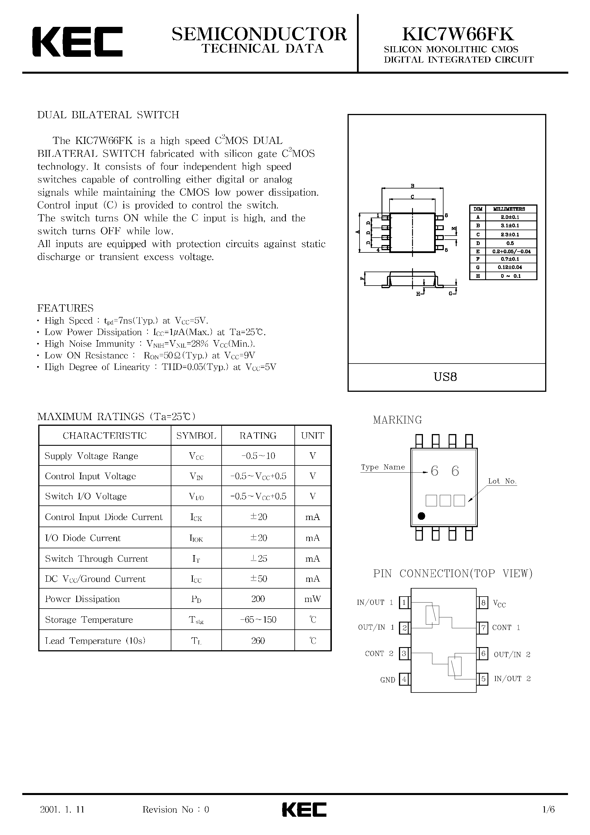 Datasheet KIC7W66FK - SILICON MONOLITHIC CMOS DIGITAL INTEGRATED CIRCUIT(DAUL BILATERAL SWITCH) page 1