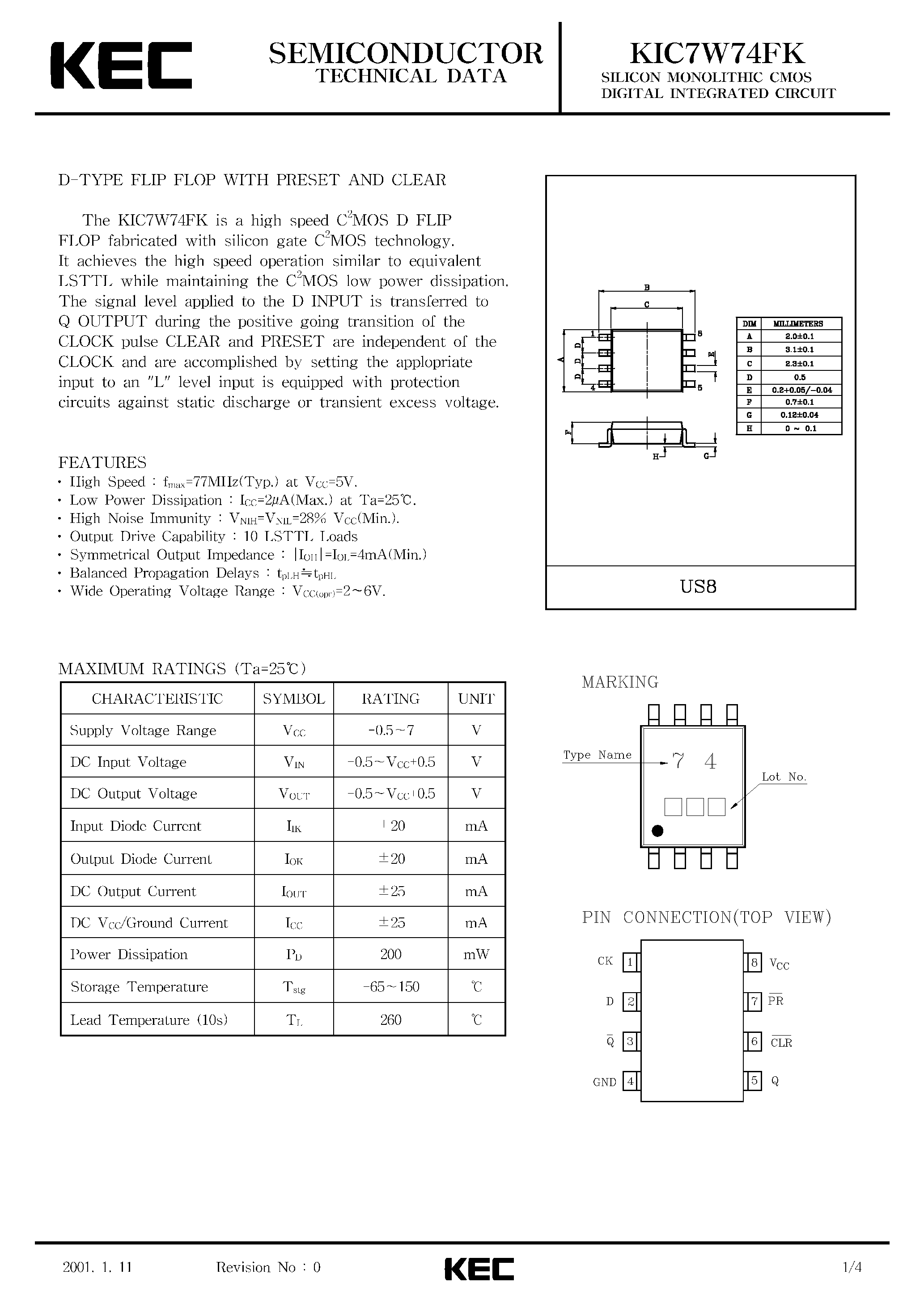 Datasheet KIC7W74FK - SILICON MONOLITHIC CMOS DIGITAL INTEGRATED CIRCUIT(D-TYPE FLIP FLOP WITH PRESET AND CLEAR) page 1