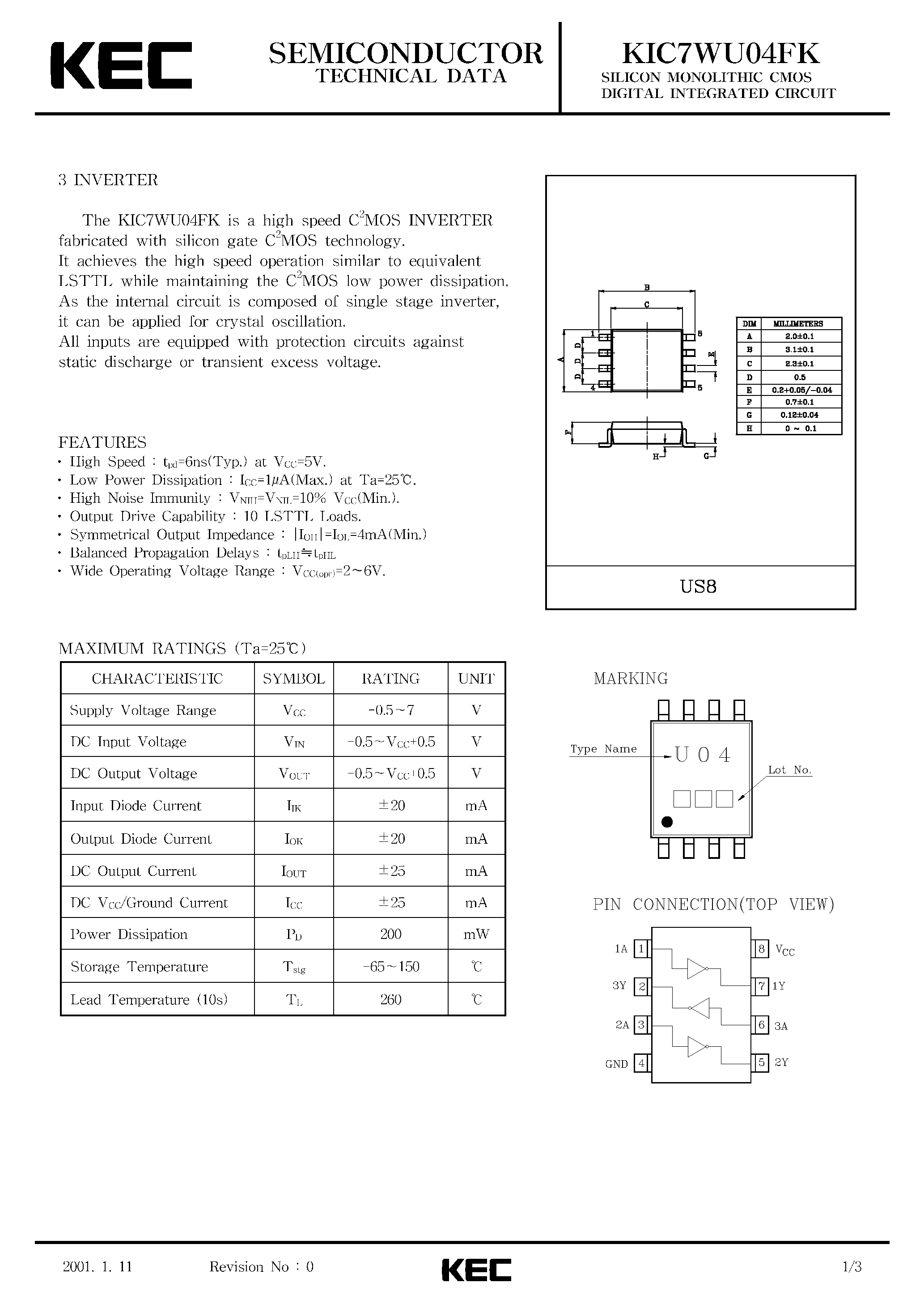 Даташит KIC7WU04FK - SILICON MONOLITHIC CMOS DIGITAL INTEGRATED CIRCUIT(3 INVERTER) страница 1