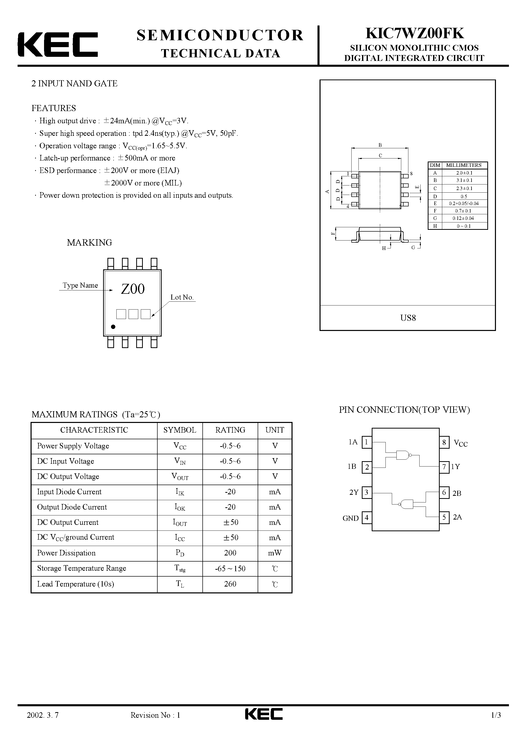 Datasheet KIC7WZ00FK - SILICON MONOLITHIC CMOS DIGITAL INTEGRATED CIRCUIT(2-INPUT NAND GATE) page 1