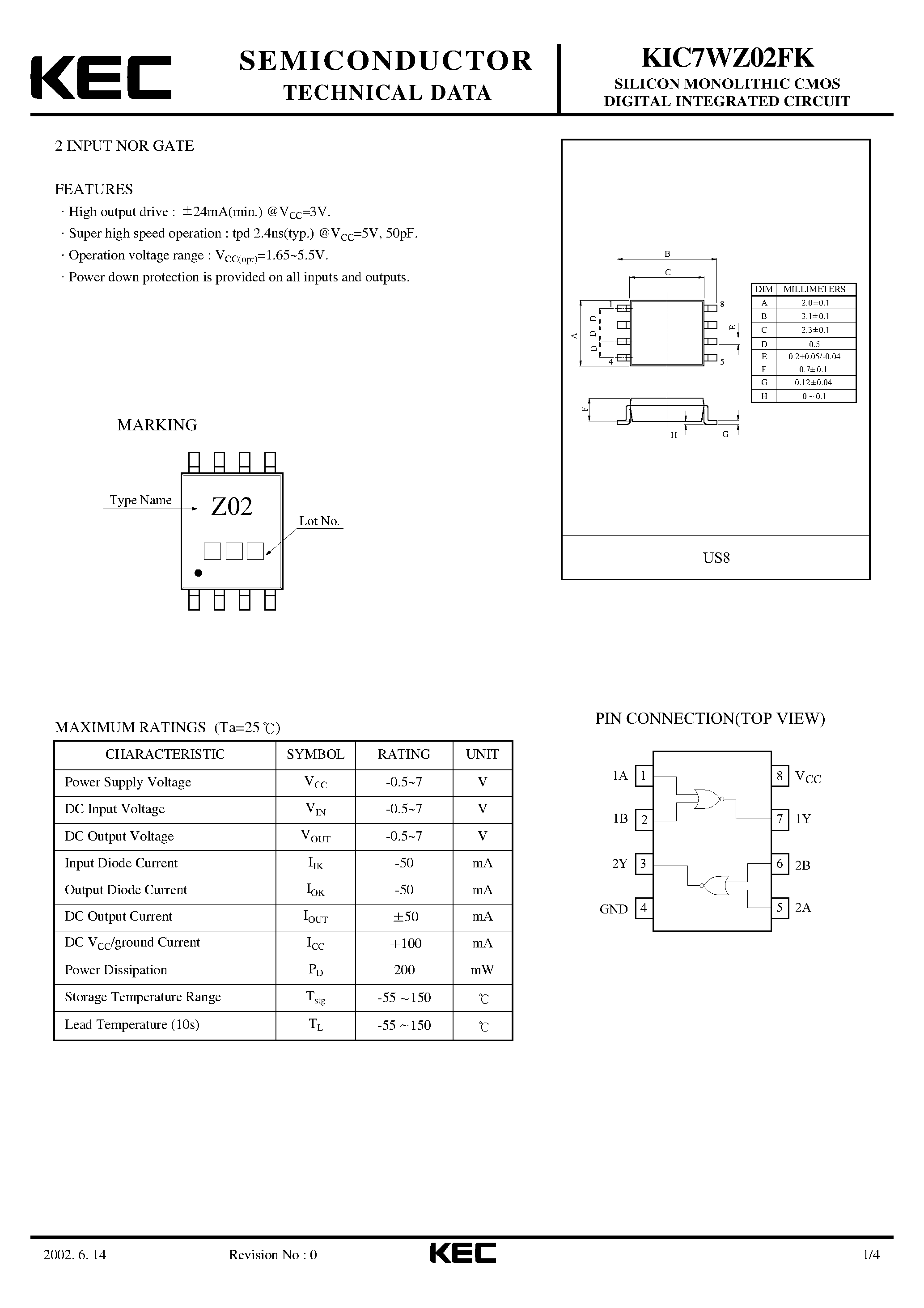 Datasheet KIC7WZ02FK - SILICON MONOLITHIC CMOS DIGITAL INTEGRATED CIRCUIT(2-INPUT NOR GATE) page 1