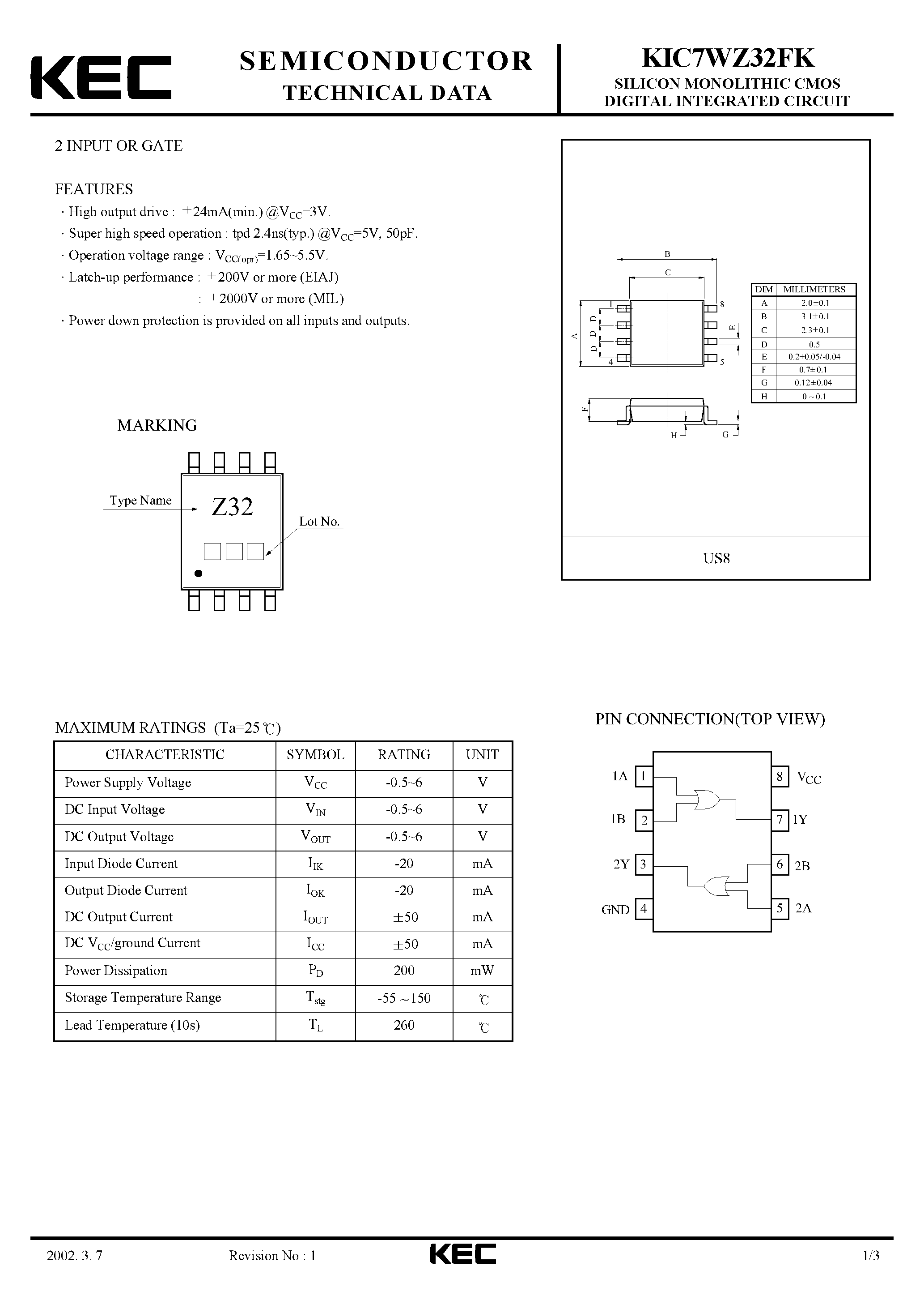 Datasheet KIC7WZ32FK - SILICON MONOLITHIC CMOS DIGITAL INTEGRATED CIRCUIT(2-INPUT OR GATE) page 1