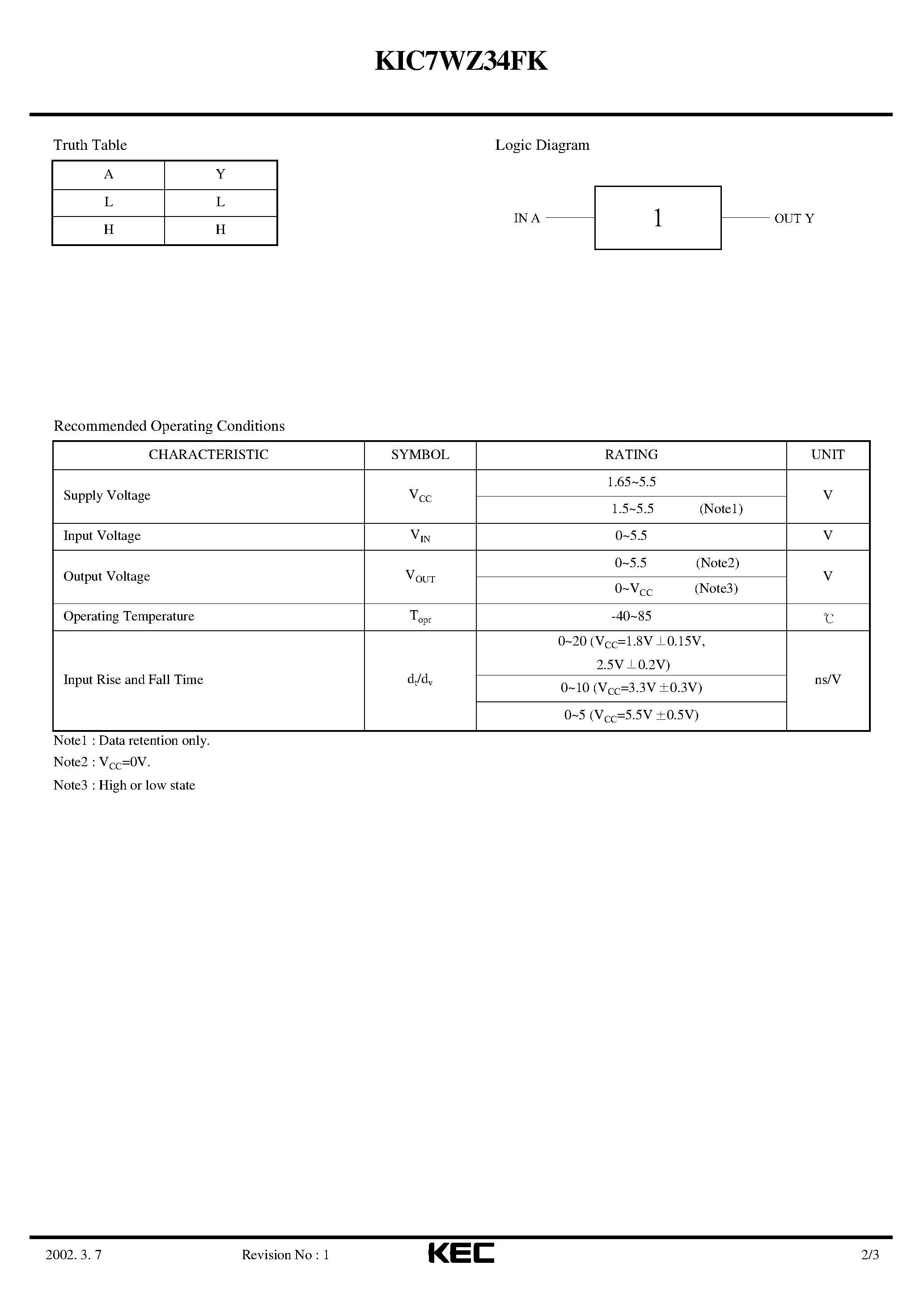 Datasheet KIC7WZ34FK - BIPOLAR LINEAR INTEGRATED CIRCUIT(TRIPLE NON INVERTER) page 2