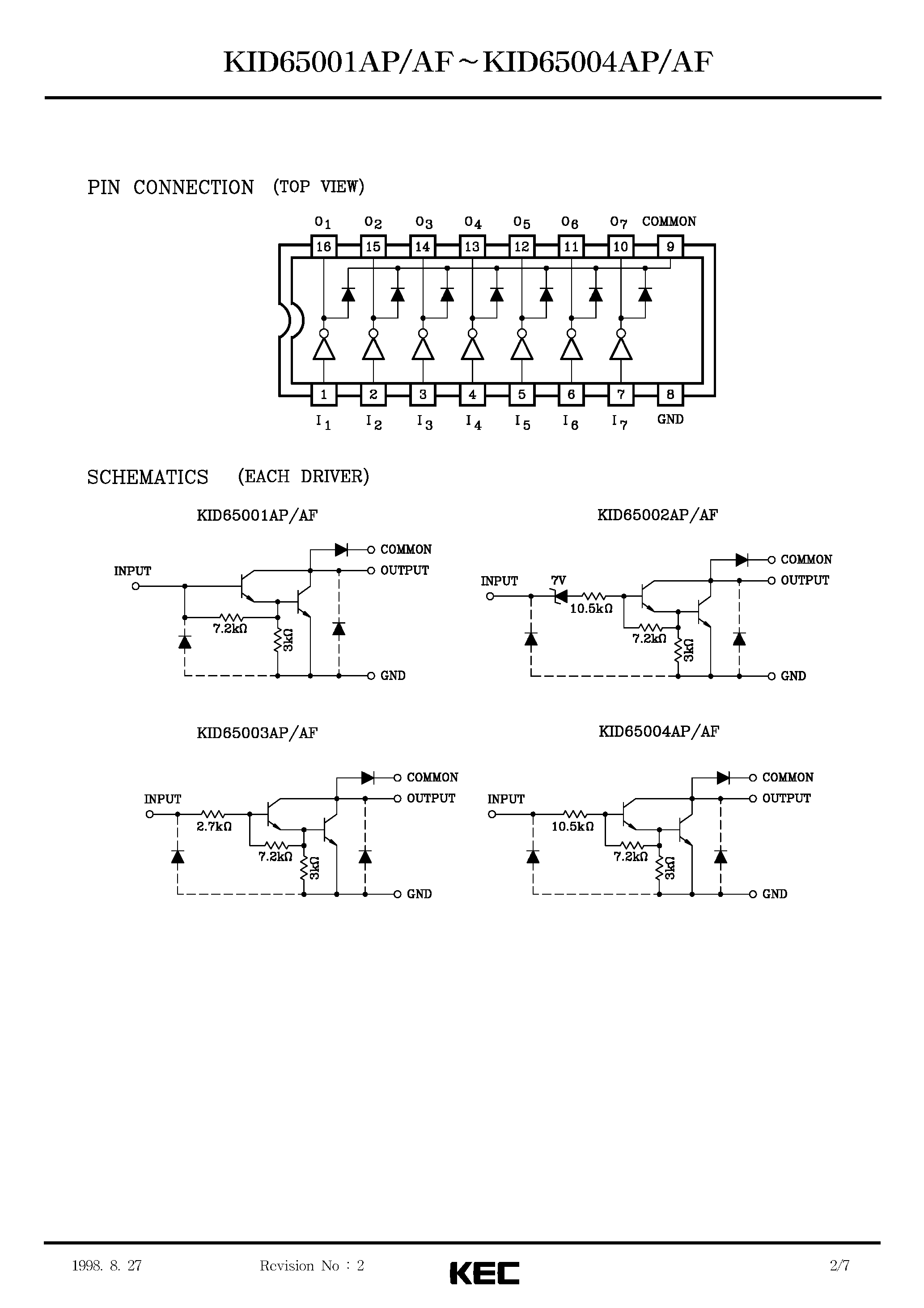 Datasheet KID65003AF - BIPOLAR LINEAR INTEGRATED CIRCUIT (7 CIRCUIT DARLINGTON TRANSISTOR ARRAY) page 2